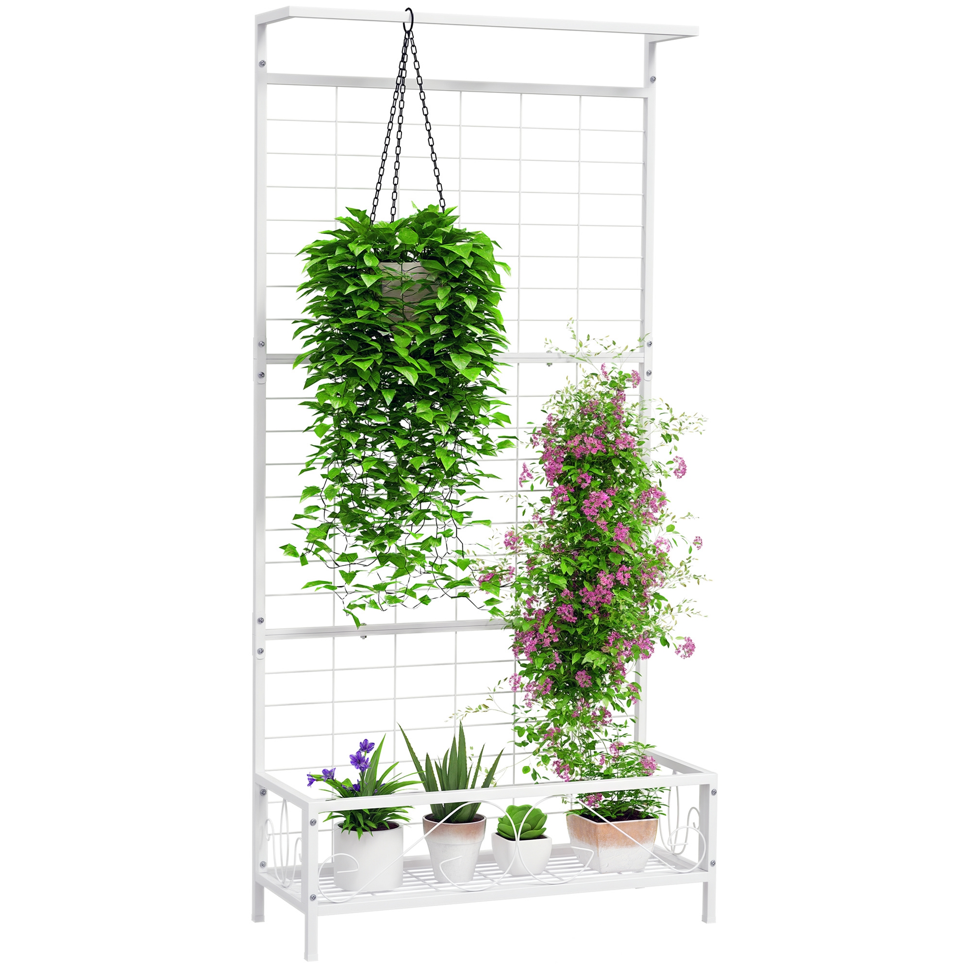 Metal Tall Plant Stand with Trellis and Hanging Bar, Plant Holder for Indoor Outdoor Use, 35