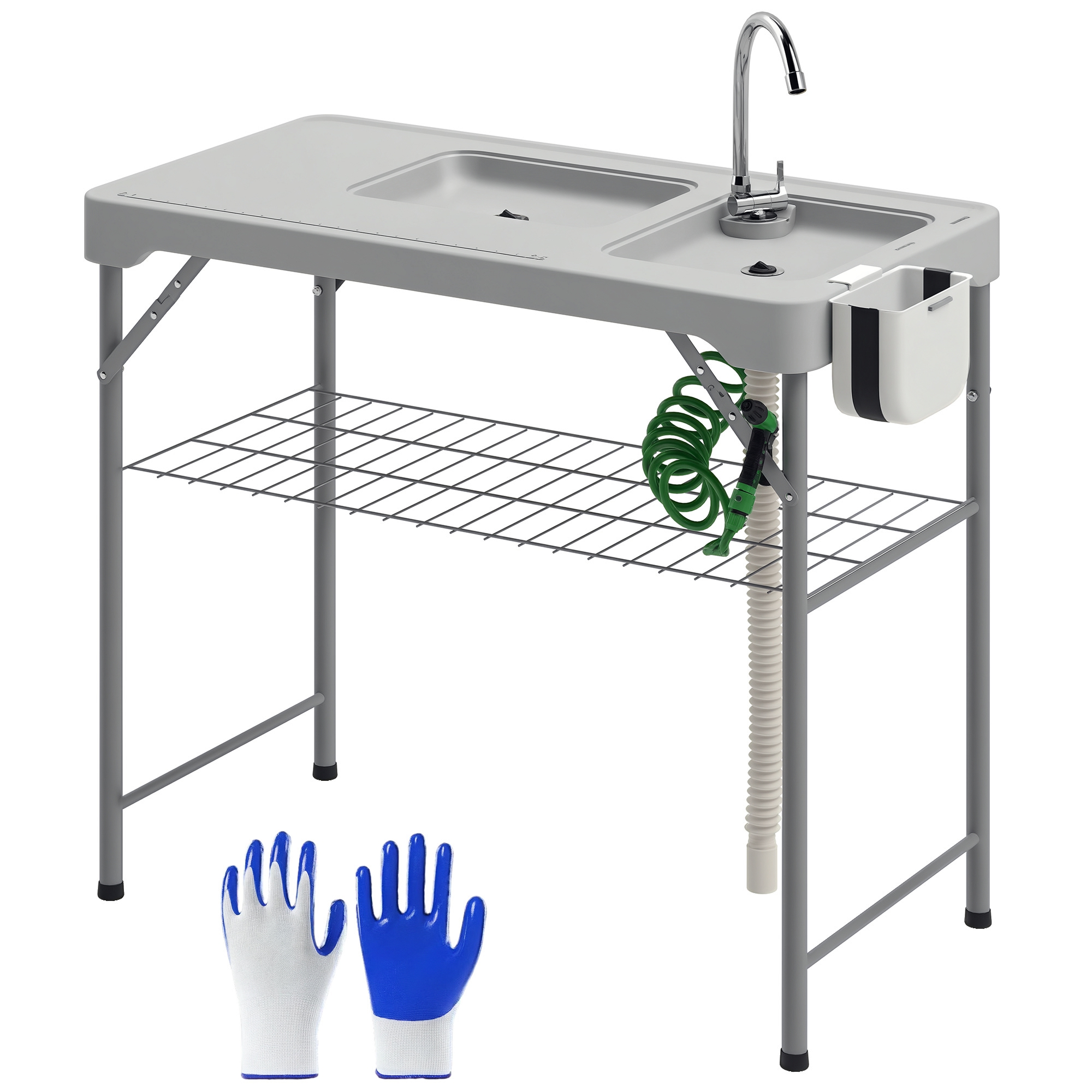 Folding Fish Cleaning Table with Sinks, Portable Camping Sink Table with Faucet, Drainage Hose, Sprayer, Shelf, Drawer and Storage Basket, Outdoor Fillet Table for Picnic Beach Patio, Gray (Drop Shipping Only, Not for Amazon)