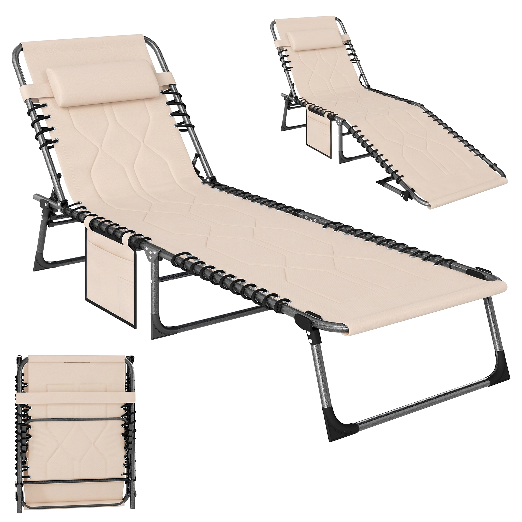 Padded Folding Chaise Lounge Chair, Outdoor 6-Level Reclining Camping Tanning Chair with Headrest for Beach, Yard, Patio, Pool, Gray (Drop Shipping Only, Not for Amazon)