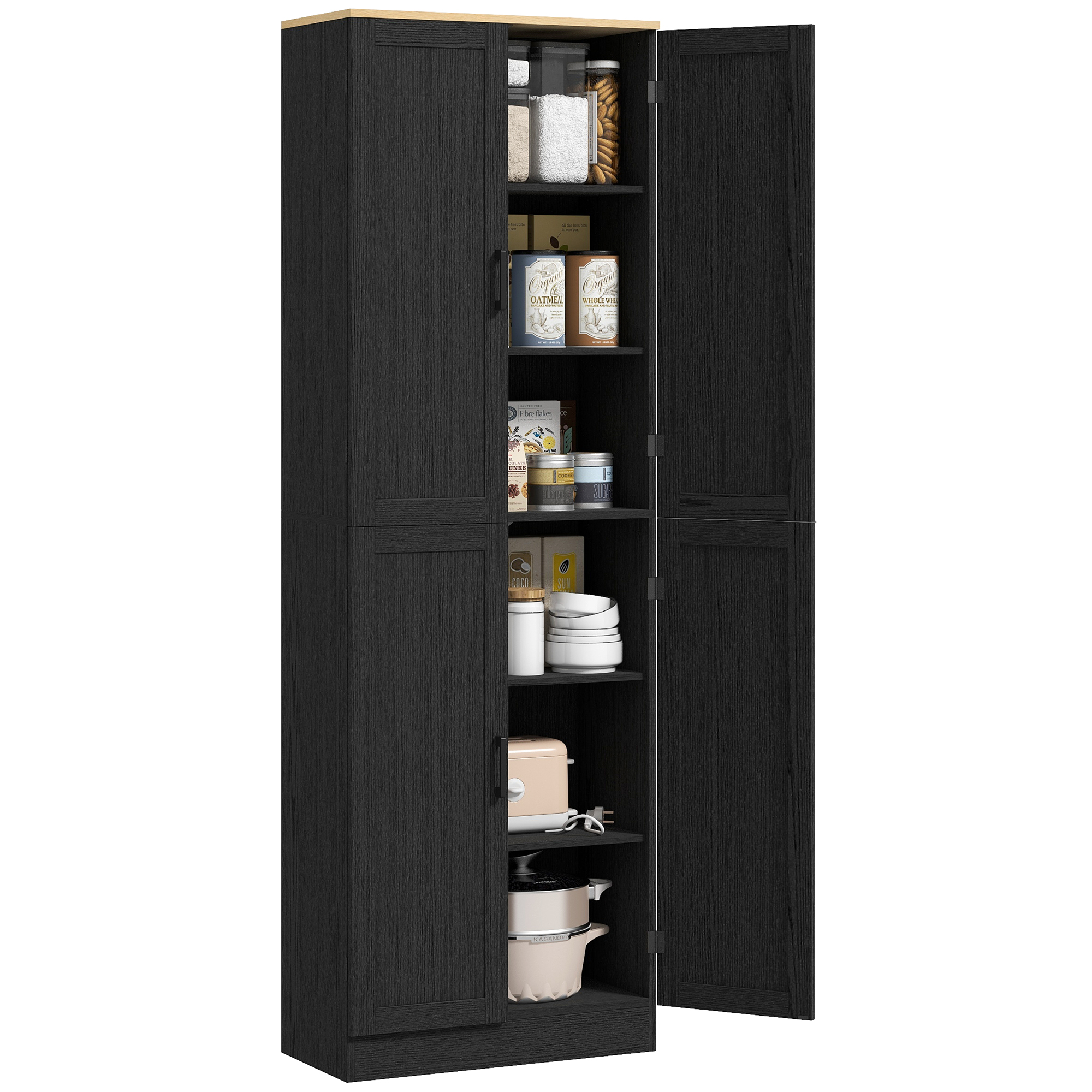 Freestanding Kitchen Pantry, 4-Door Kitchen Pantry Cabinet with Adjustable Shelves and Doors, Distressed Black (Drop Shipping Only, Not for Amazon)