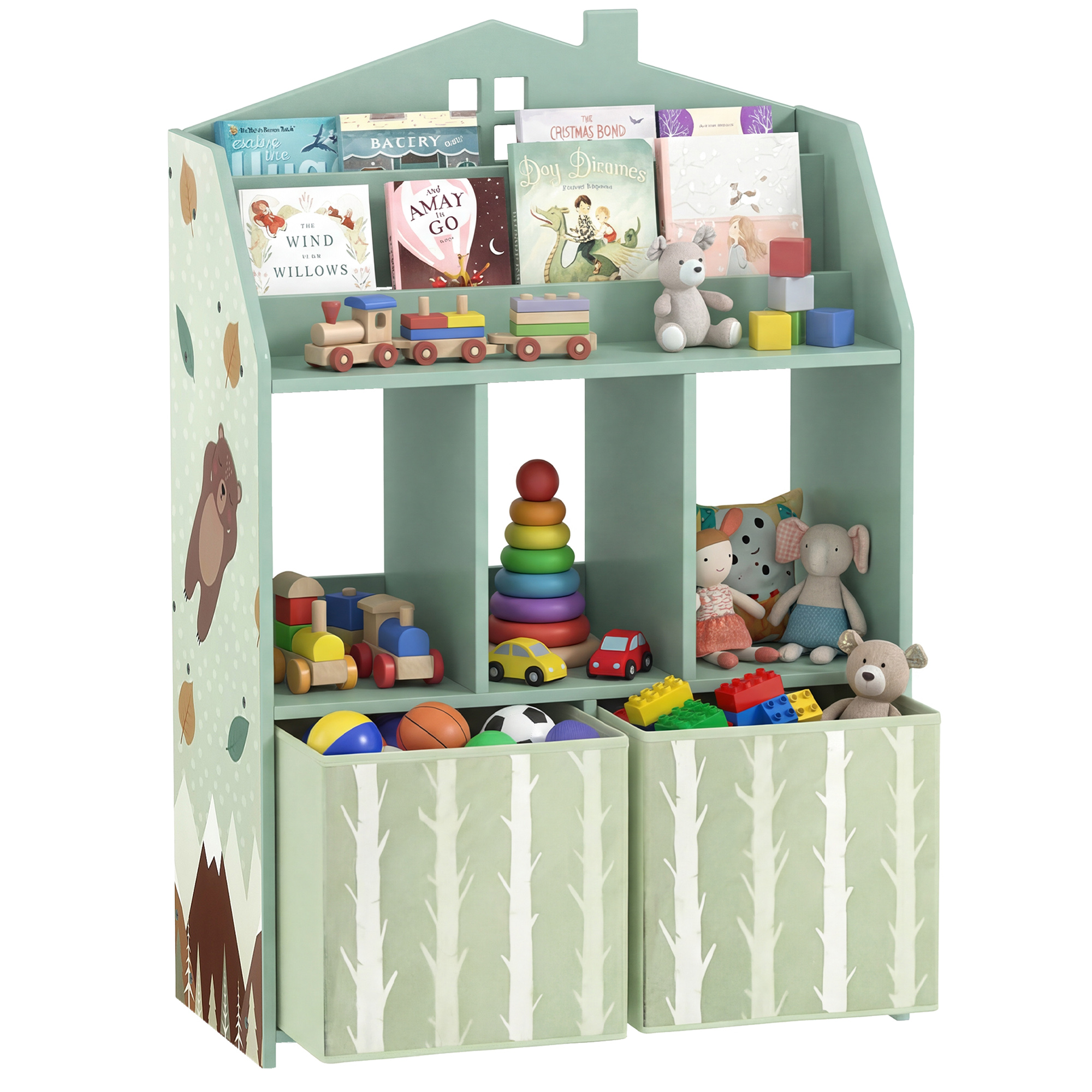 Kids Bookshelf with Storage, Toy Storage Unit with Book Display, Shelves and Fabric Drawers for Playroom Nursery, Green (Drop Shipping Only, Not for Amazon)
