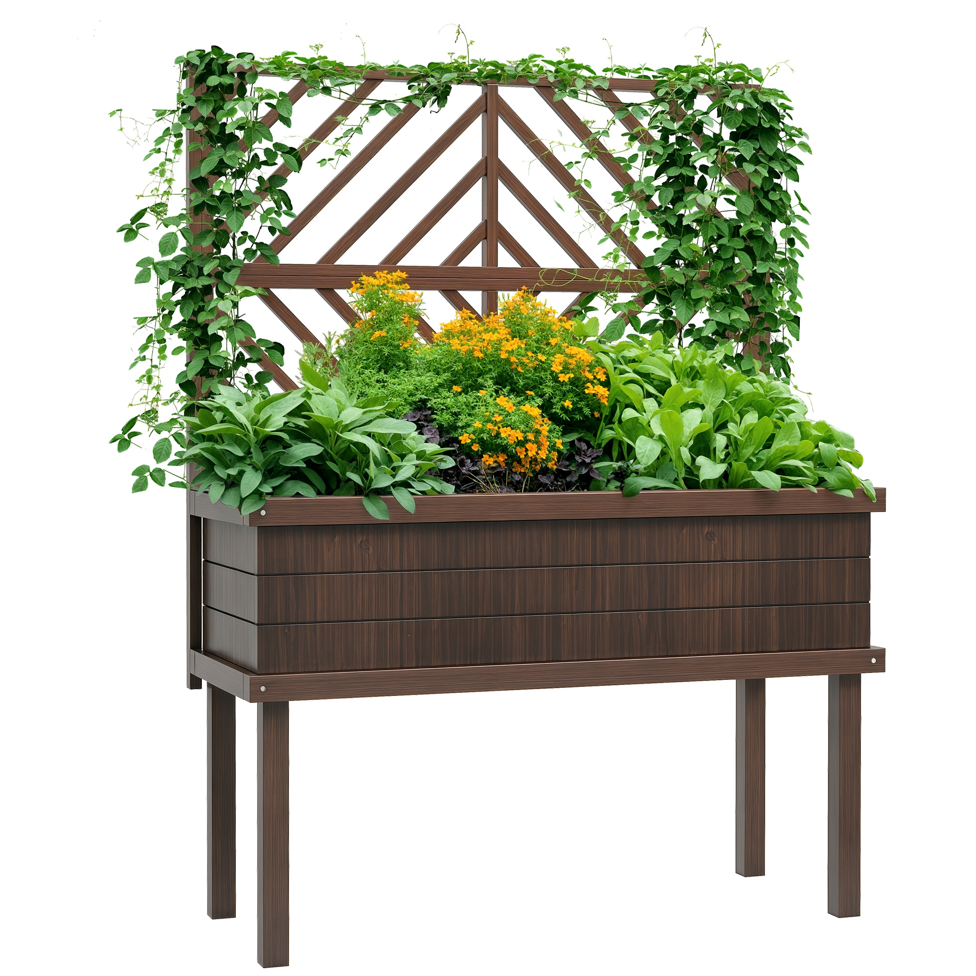 Elevated Wood Planter with Trellis for Climbing Plants, Raised Garden Bed with Legs and Drainage Holes, Carbonized (Drop Shipping Only, Not for Amazon)