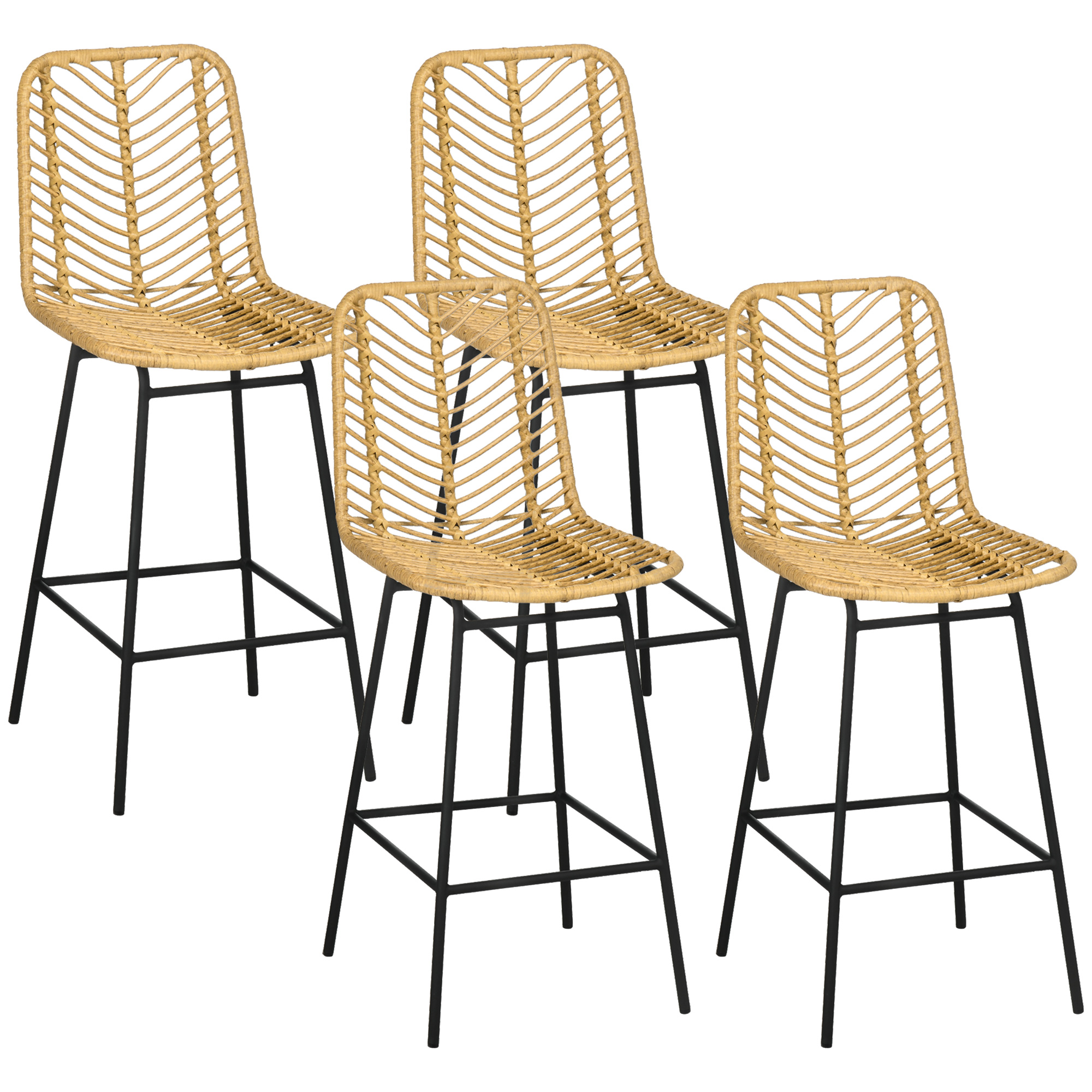 Set of 4 Rattan Barstools Wicker Counter Stools with Steel Legs and Footrest for Dining Room Kitchen Pub Yellow (Drop Shipping Only, Not for Amazon)