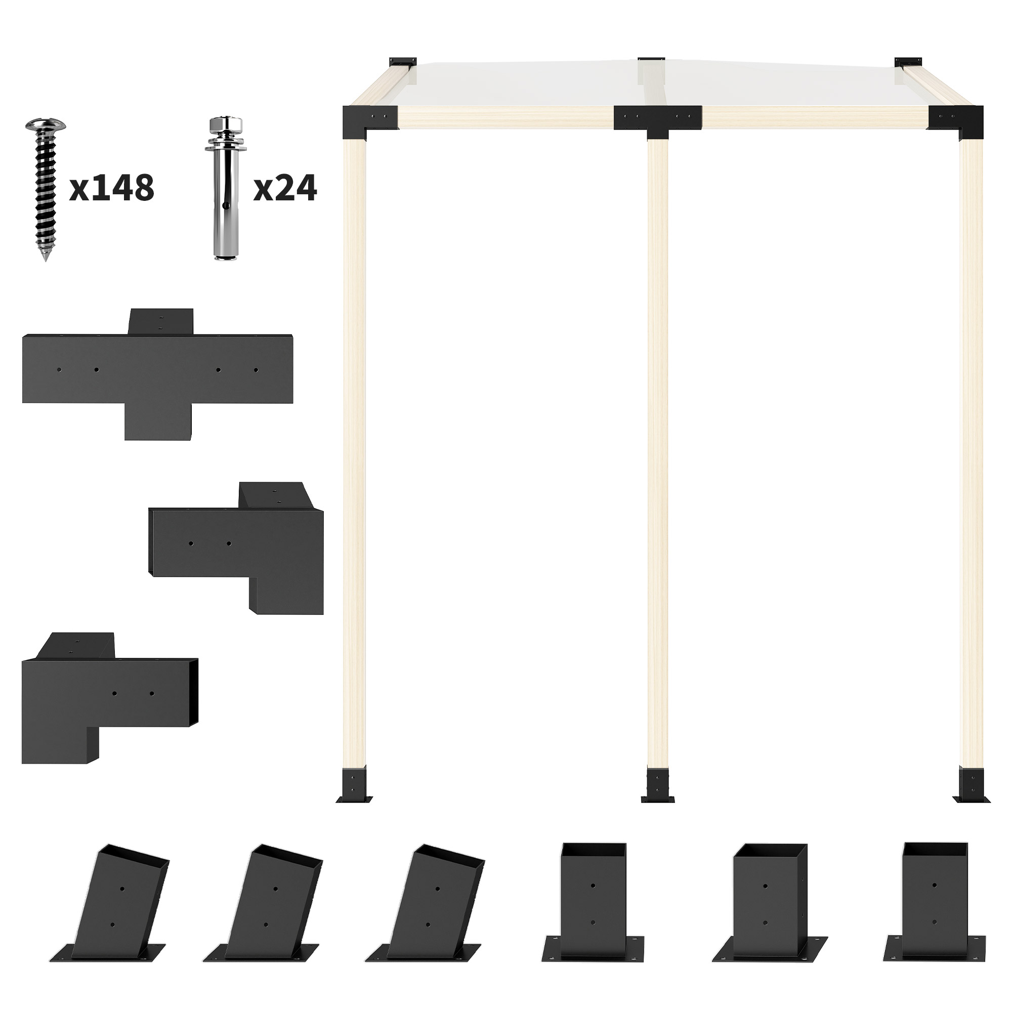 Pergola Kit, 15° Slanted Pergola Brackets w/ 4-Way/3-Way Brackets, Post Bases, Wall Mounts for 3.6