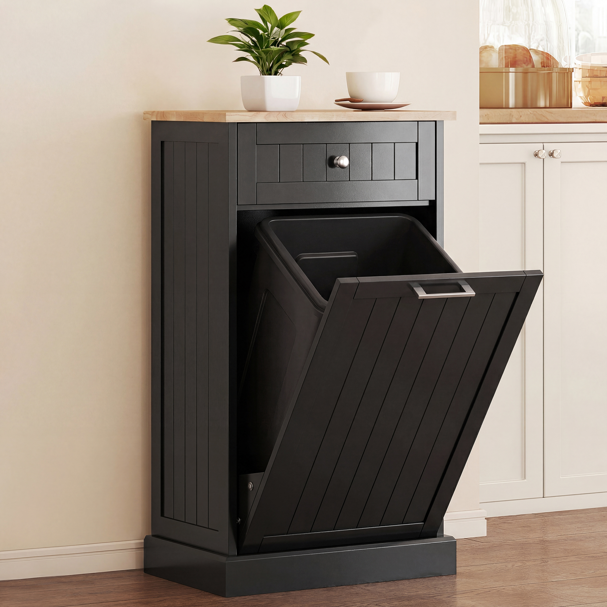 10 Gallon Tilt Out Trash Cabinet, Wooden Hidden Trash Can with Storage Drawer for Kitchen, Laundry Hamper Cabinet for Bathroom, White (Drop Shipping Only, Not for Amazon)