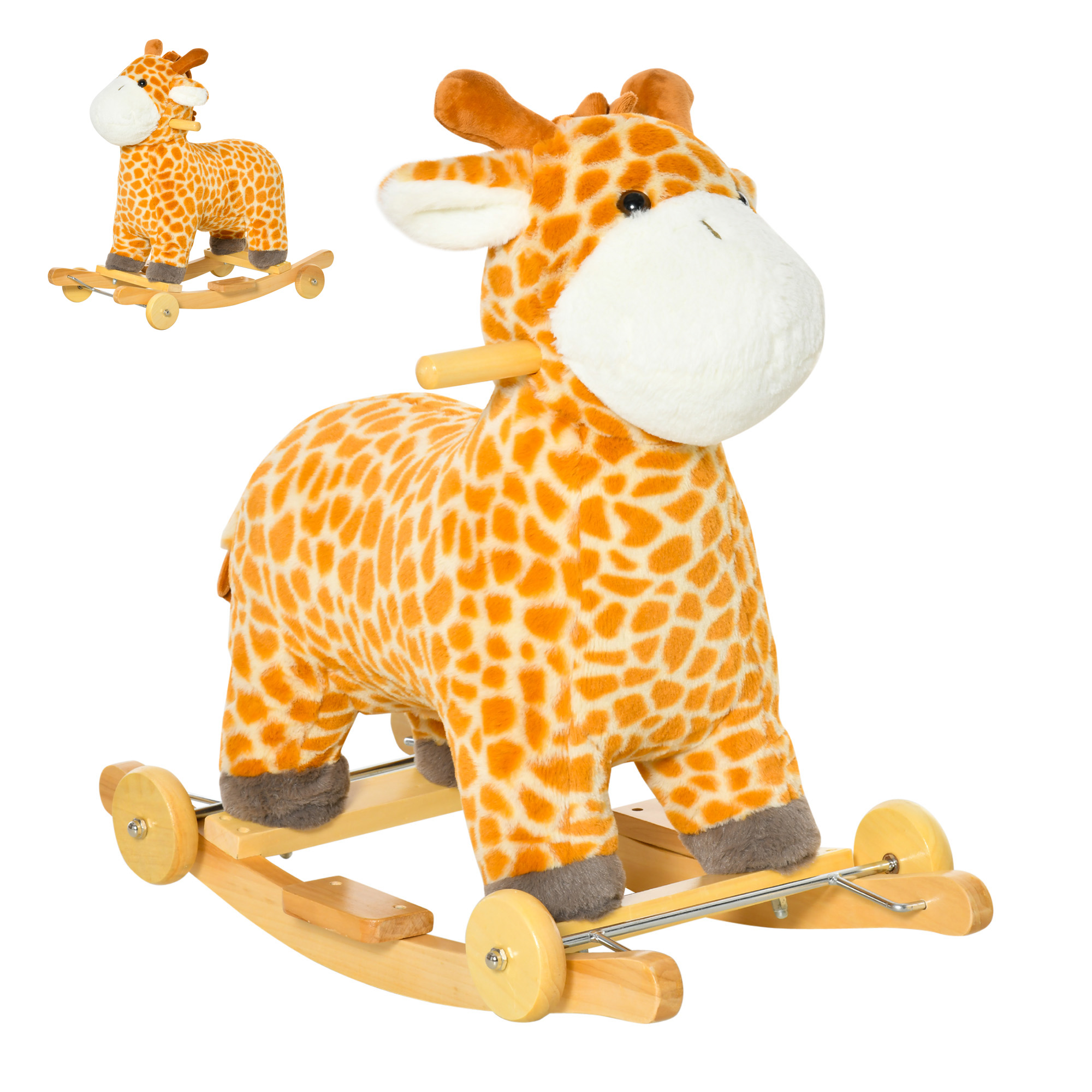 Rocking Horse, 2 in 1 Kids Ride on Horse, Rolling Giraffe Animal Rocker with Sound, Wooden Base, Pedal, Grip Handle, Plush Riding Pony for 3-6 Years Old, Yellow (Drop Shipping Only, Not for Amazon)