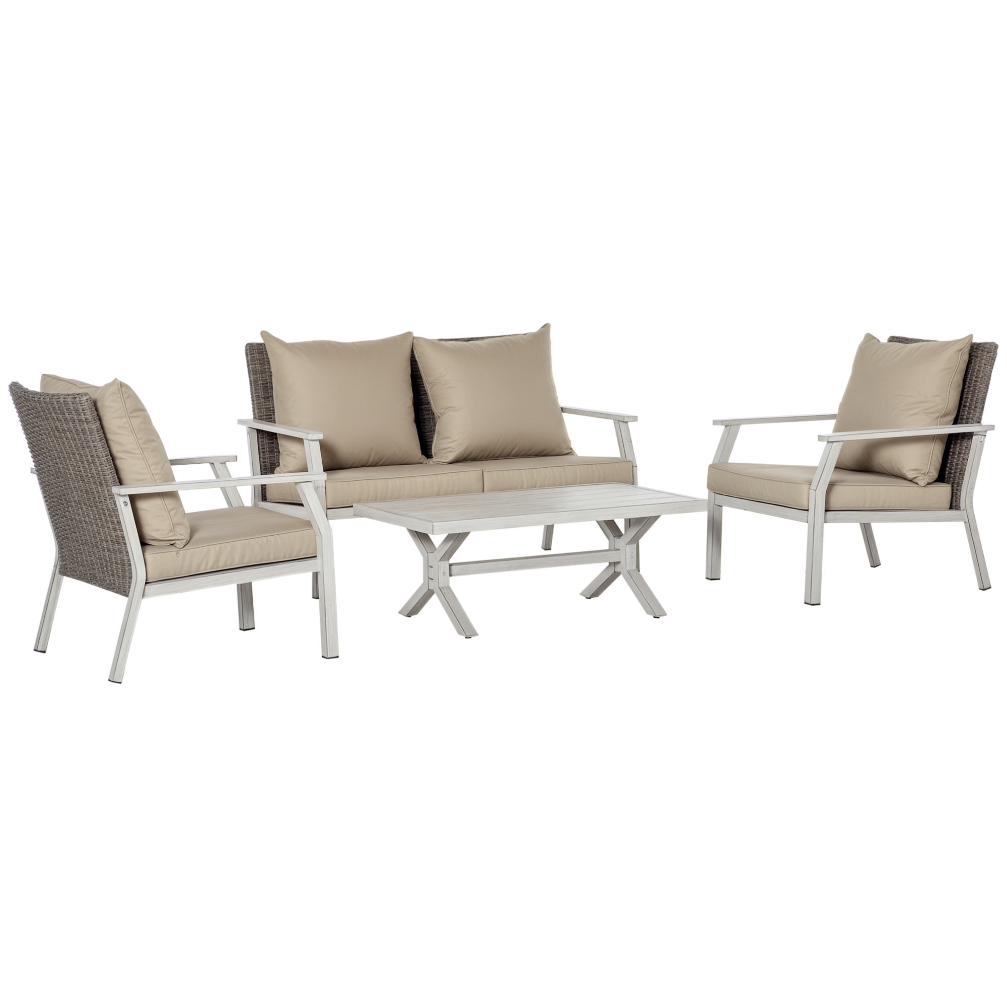 4 Pieces Patio Furniture Set with Cushions, Outdoor Wicker Conversation Sofa Sets, Aluminum Frame Sofa Sets for Backyard, Poolside, Garden, Beige (Drop Shipping Only, Not for Amazon)