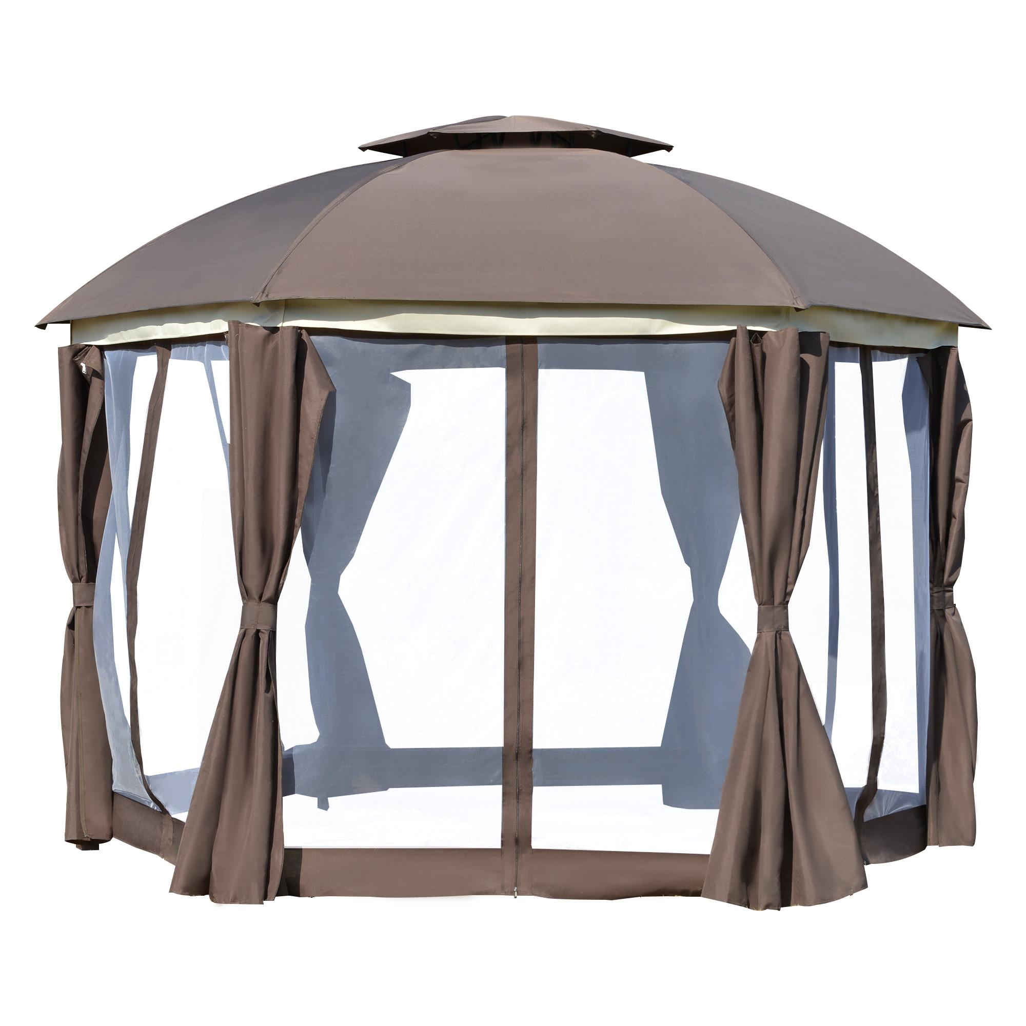 12' x 12' Round Outdoor Gazebo, Patio Dome Gazebo Canopy Shelter with Double Roof, Netting Sidewalls and Curtains, Zippered Doors, Strong Steel Frame, Grey (Drop Shipping Only, Not for Amazon)