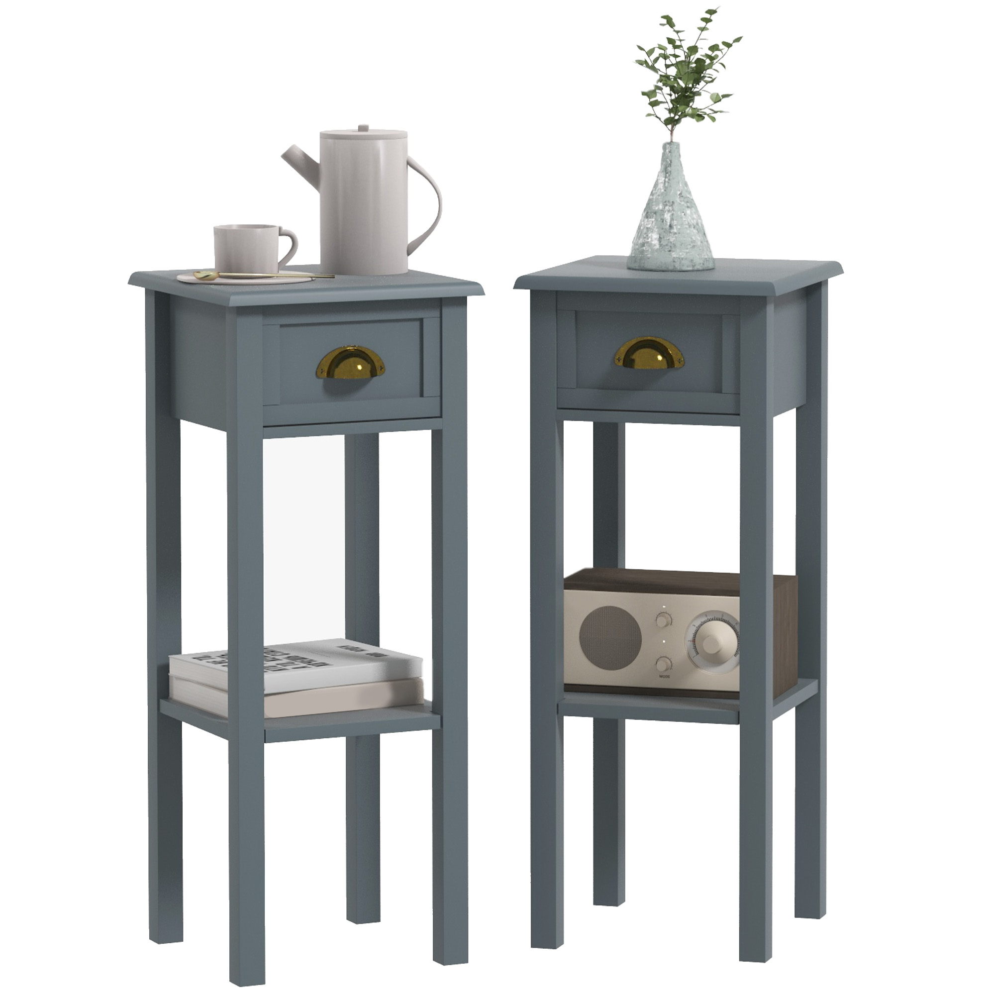 2-Tier Side Tables Set of 2 with Drawer and Shelf, 2 Pieces End Tables for Living Room and Hallway, Gray (Drop Shipping Only, Not for Amazon)