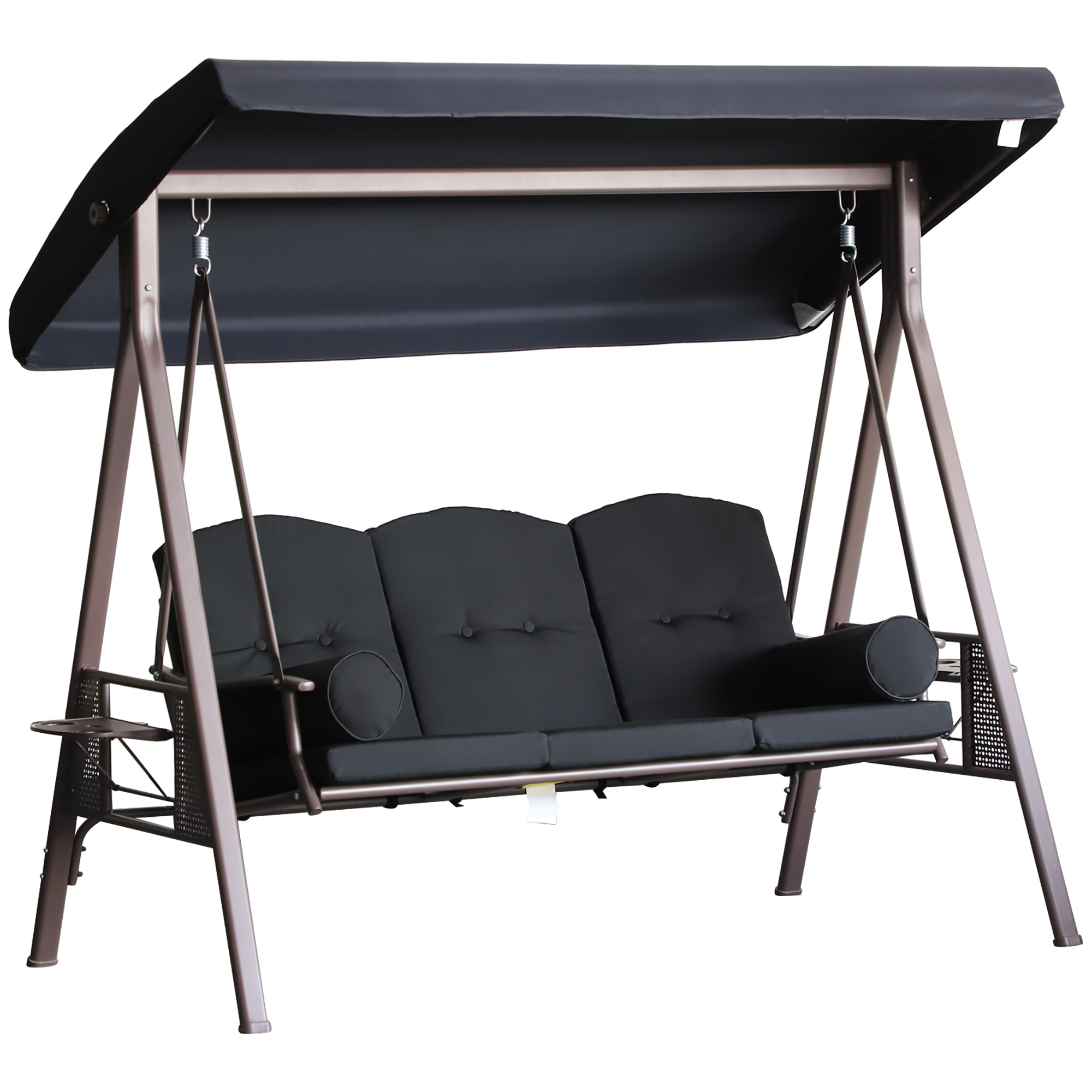 3-Seat Patio Swing Chair, Outdoor Porch Swing Glider with Adjustable Canopy, Removable Cushion, Pillows and Side Trays, for Garden, Poolside, Backyard, Black (Drop Shipping Only, Not for Amazon)