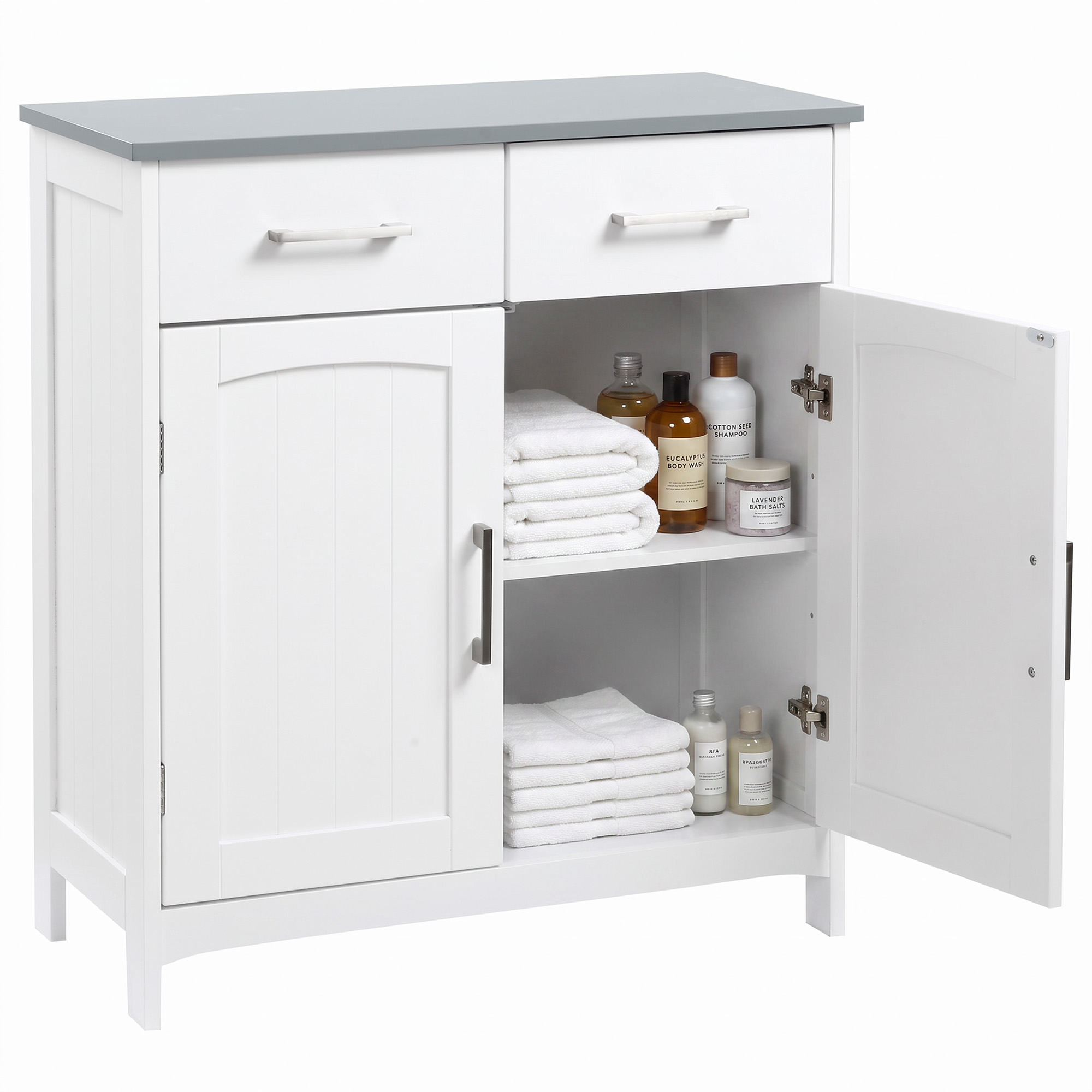 Bathroom Floor Cabinet, Freestanding Linen Cabinet, Storage Cabinet with 2 Drawers, Double Doors, Adjustable Shelf, White (Drop Shipping Only, Not for Amazon)