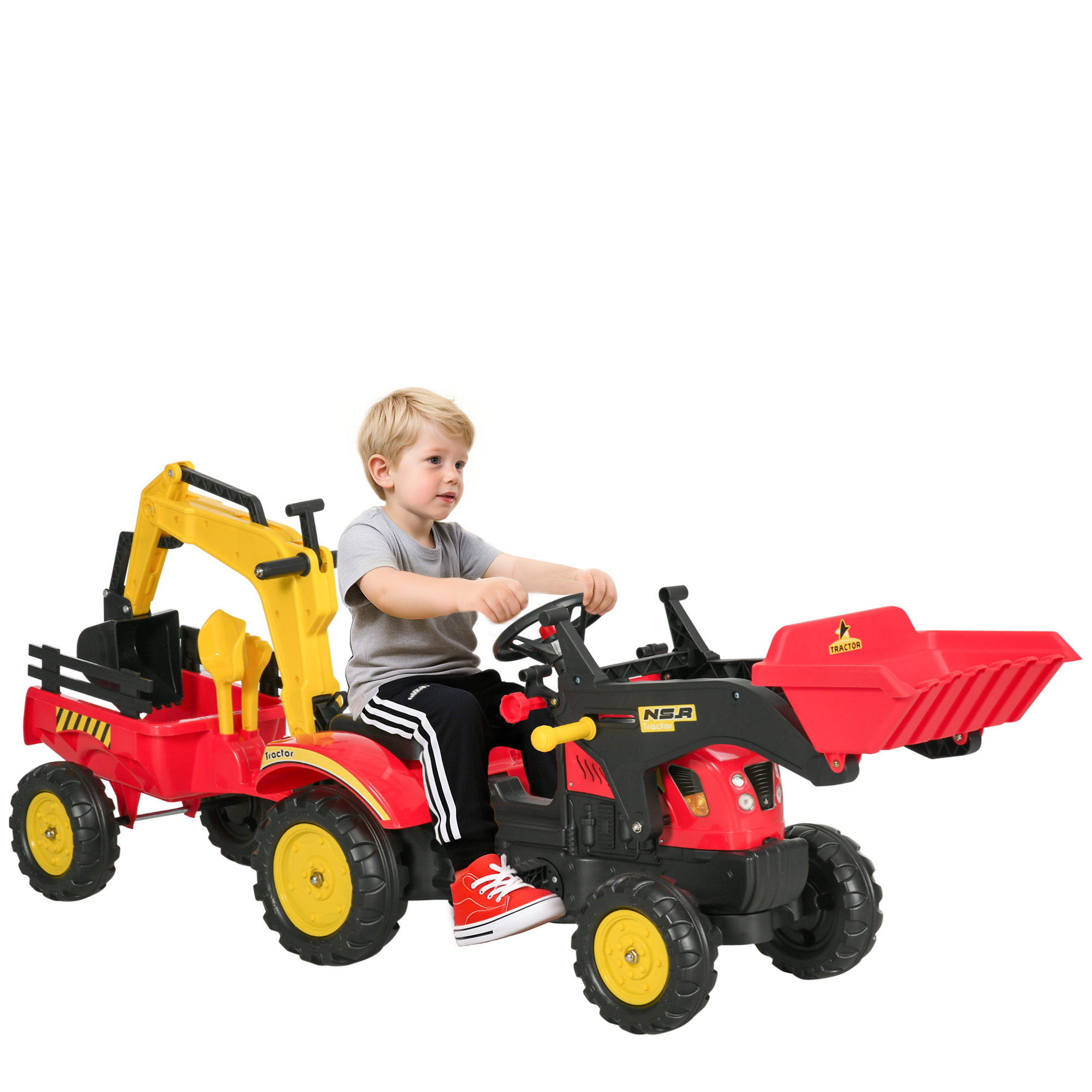 3 in1 Kids Ride On Bulldozer Excavator Toy with 6 Wheels Controllable Cargo Trailer Easy Pedal Controls for 3-6 Years (Drop Shipping Only, Not for Amazon)
