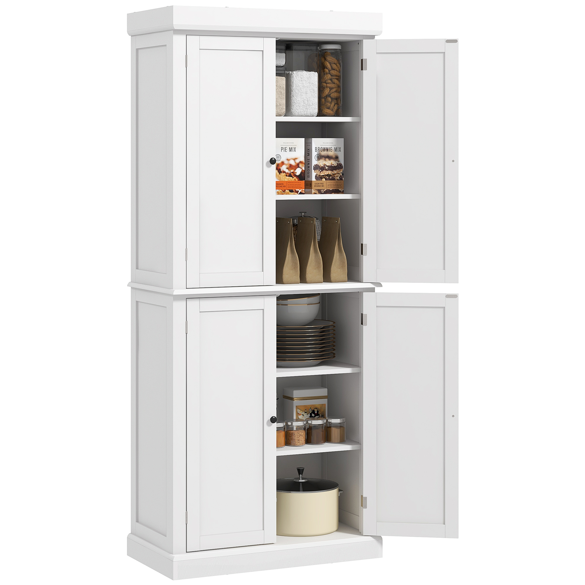 Freestanding Kitchen Cupboard with 4 Doors, Storage Cabinet with 6-Tier Shelving and 4 Adjustable Shelves, White (Drop Shipping Only, Not for Amazon)