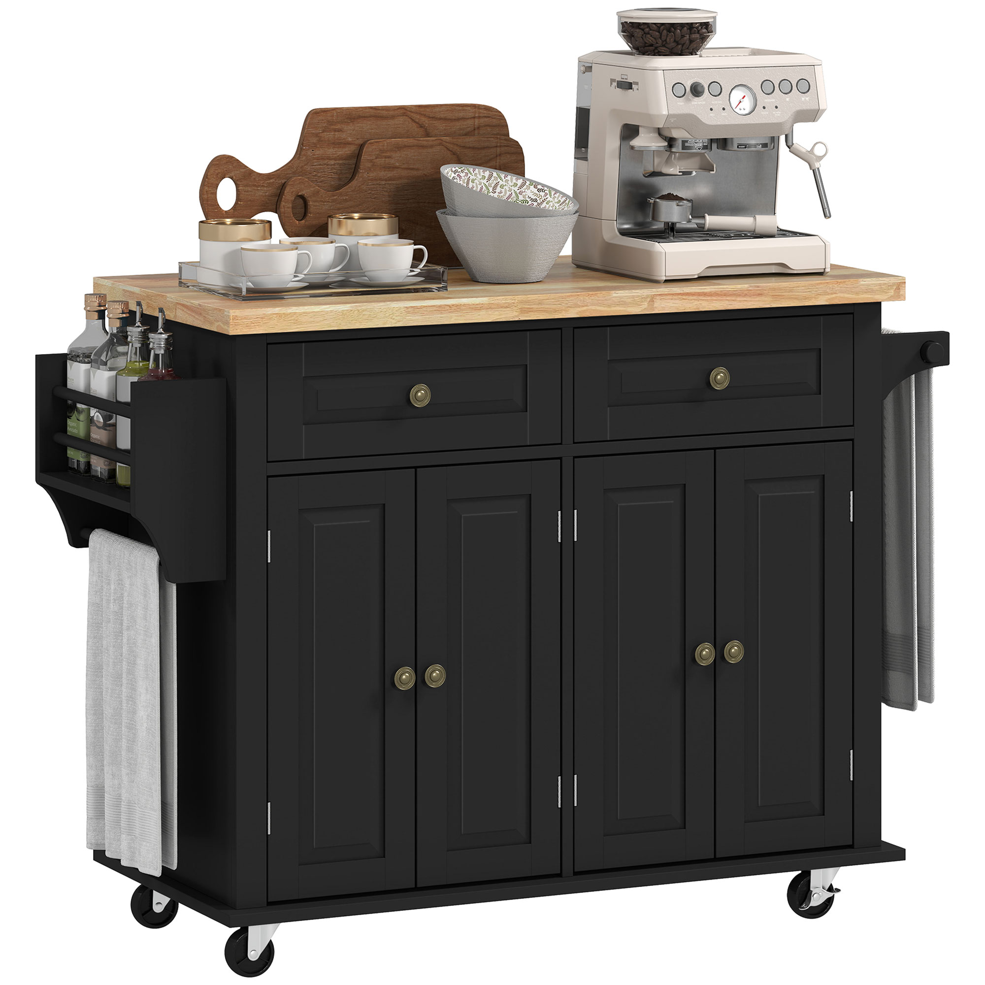 Rolling Kitchen Island Storage Trolley with Rubber Wood Top & Drawers for Dining Room, Grey (Drop Shipping Only, Not for Amazon)
