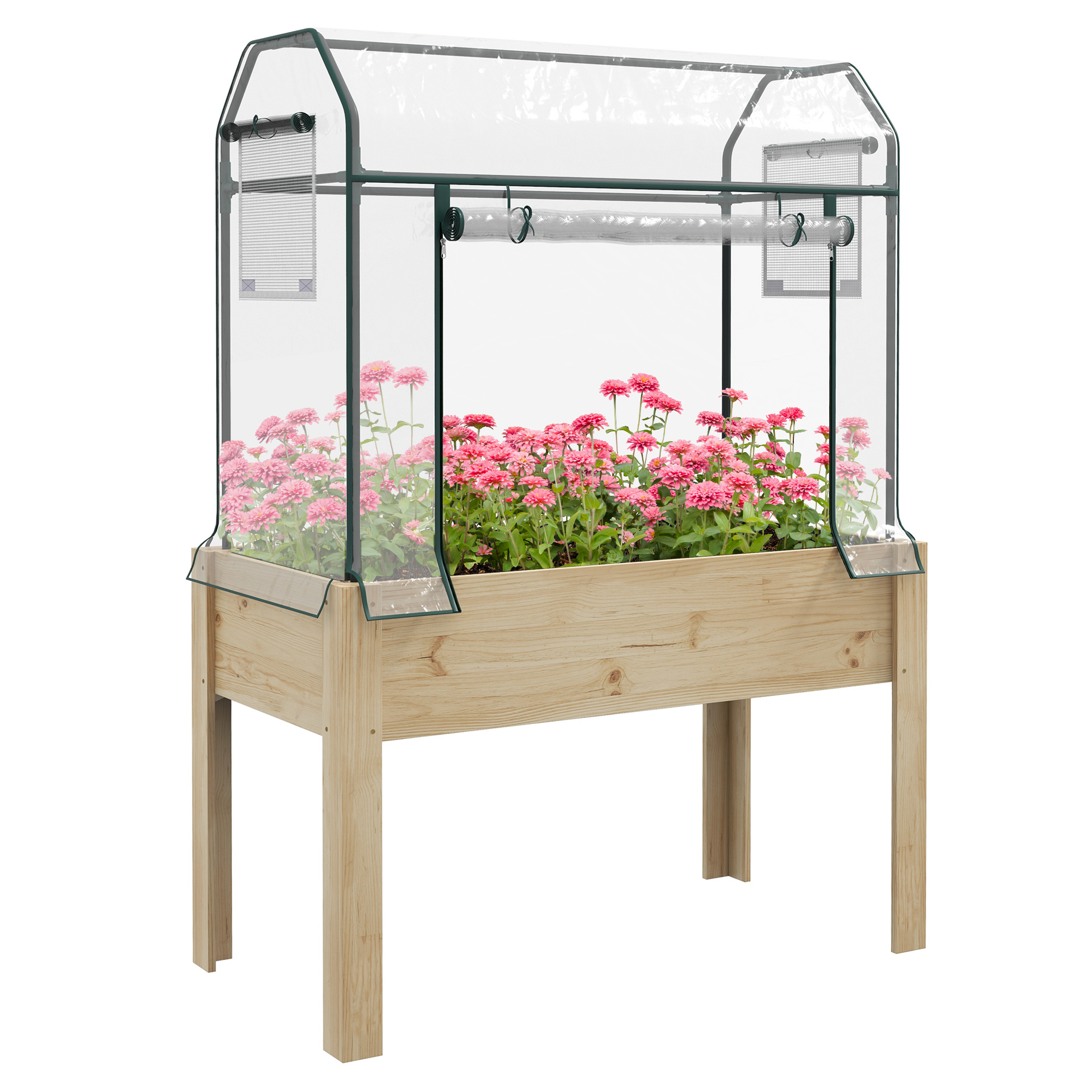 Wooden Planter Box with Greenhouse Cover and Bed Liner, Raised Garden Bed for Vegetables, Flowers, Herbs (Drop Shipping Only, Not for Amazon)