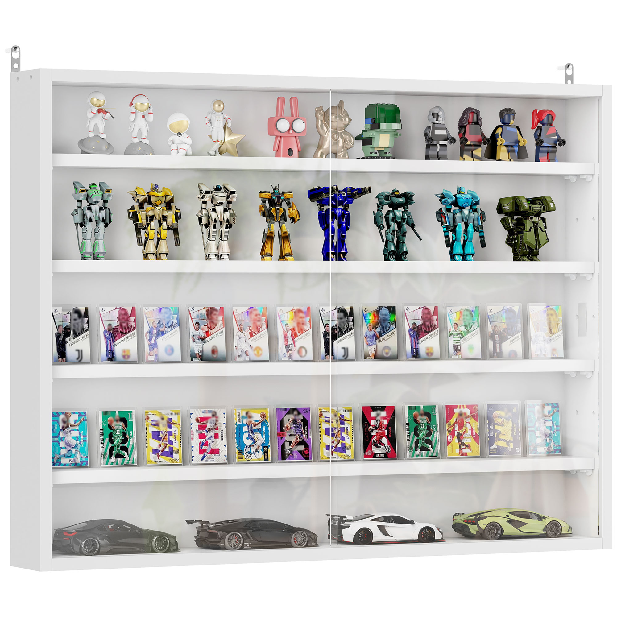 5-Tier Wall Display Shelf Unit Cabinet w/ 4 Adjustable Shelves Glass Doors Home Office Ornaments 60x80cm White (Drop Shipping Only, Not for Amazon)