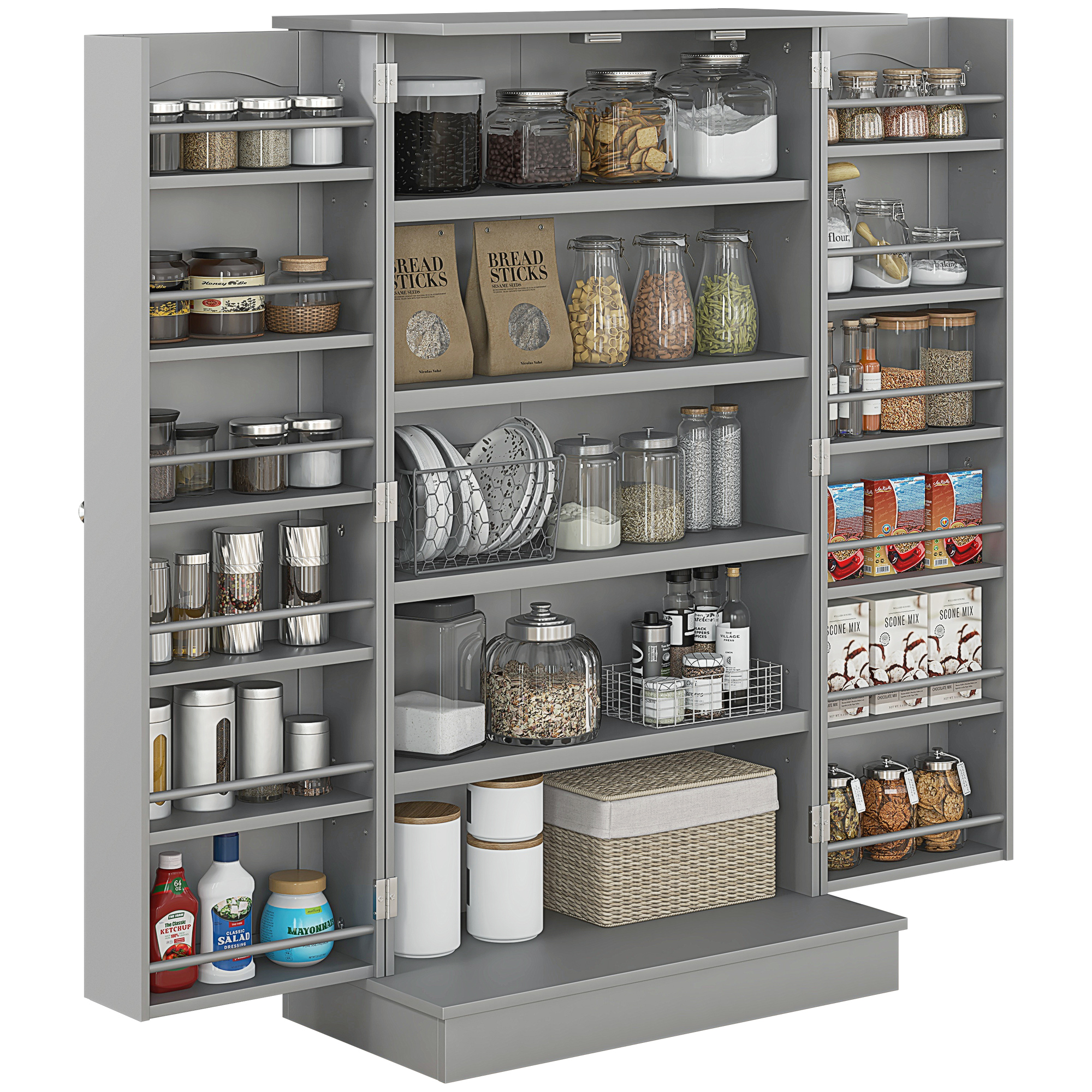 Freestanding Kitchen Pantry Cabinet, Kitchen Cabinet with 12 Door Shelves, Double Doors, 5-tier Shelving, Gray (Drop Shipping Only, Not for Amazon)