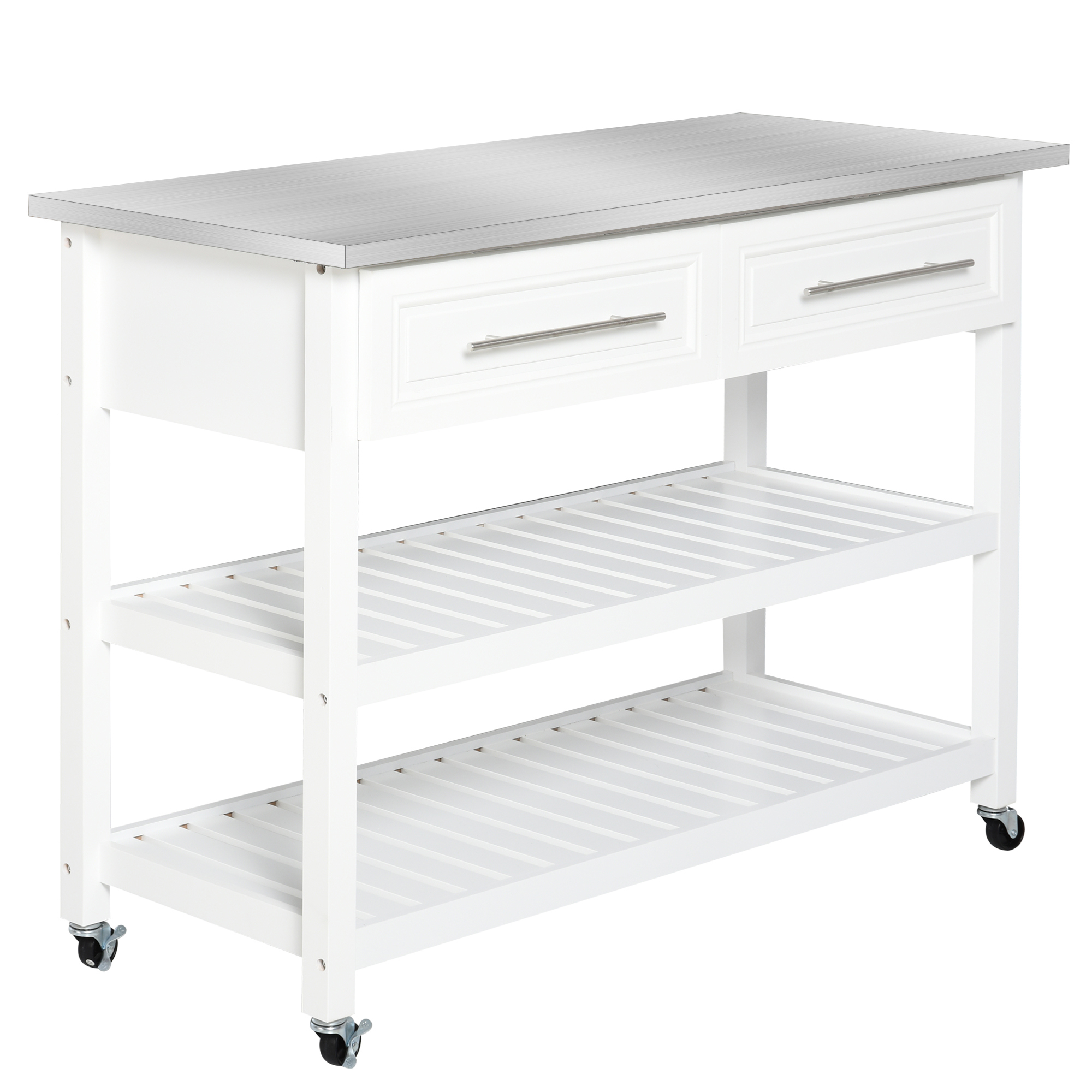 Kitchen Island with Stainless Steel Top, Traditional Kitchen Island with Storage, Butcher Block Cart 2-Tier Open Shelves, Drawers, Light Gray (Drop Shipping Only, Not for Amazon)