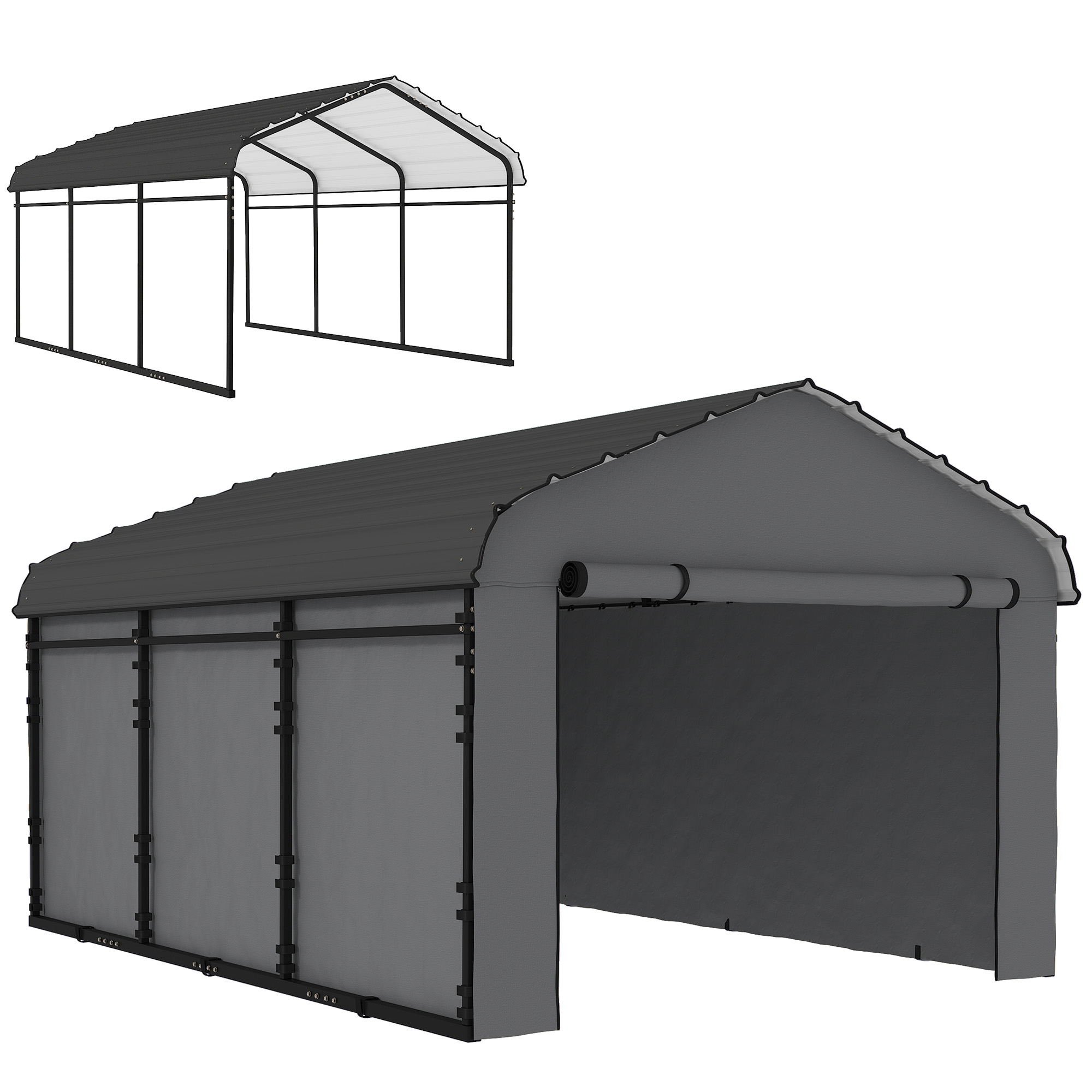 10' x 15' Metal Carport, Heavy Duty Garage Car Canopy with Galvanized Metal Roof and Removable Sidewalls, Dark Gray (Drop Shipping Only, Not for Amazon)