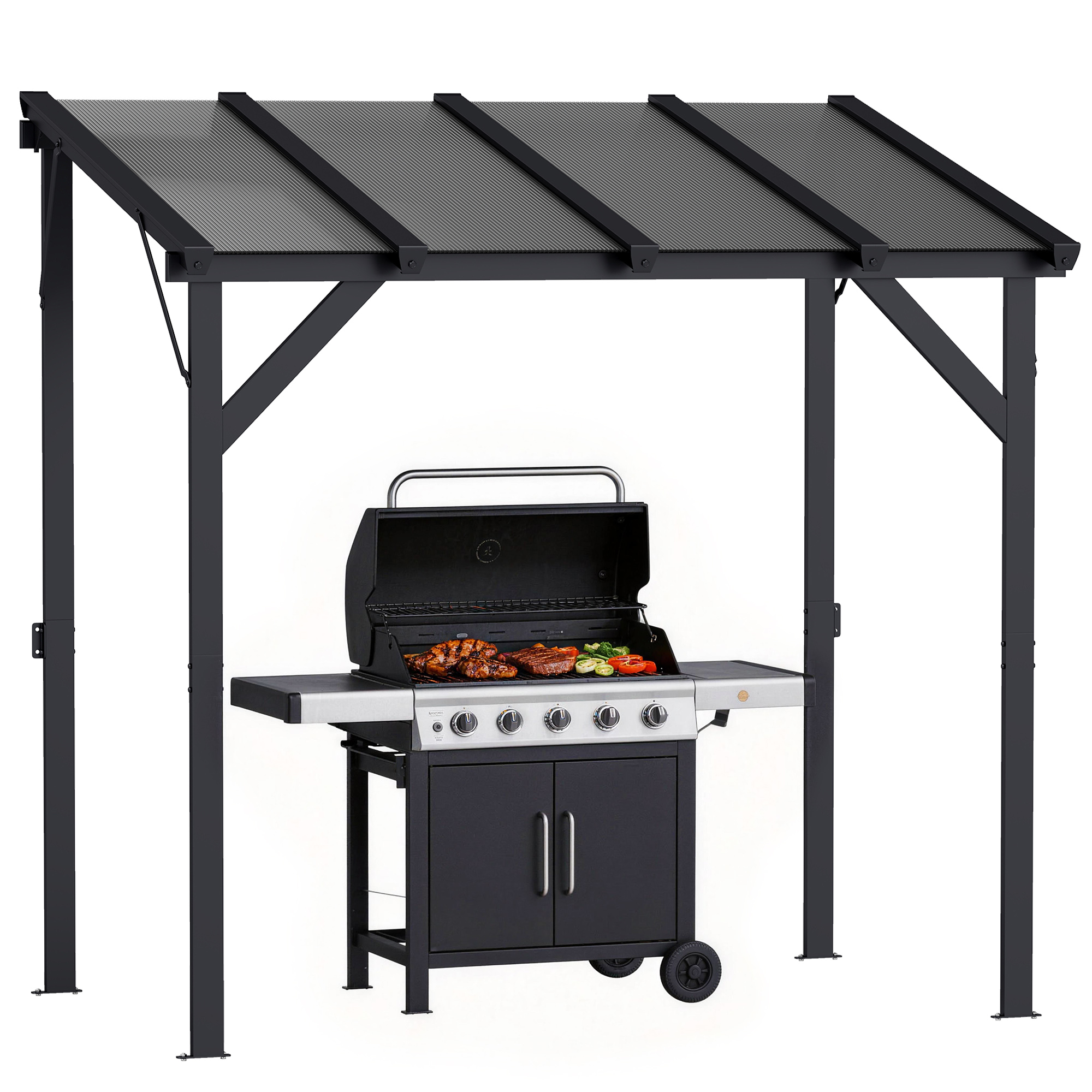 Hardtop Grill Gazebo, Lean-to BBQ Shelter with Polycarbonate Roof for Outdoor, Patio, Lawn (Drop Shipping Only, Not for Amazon)