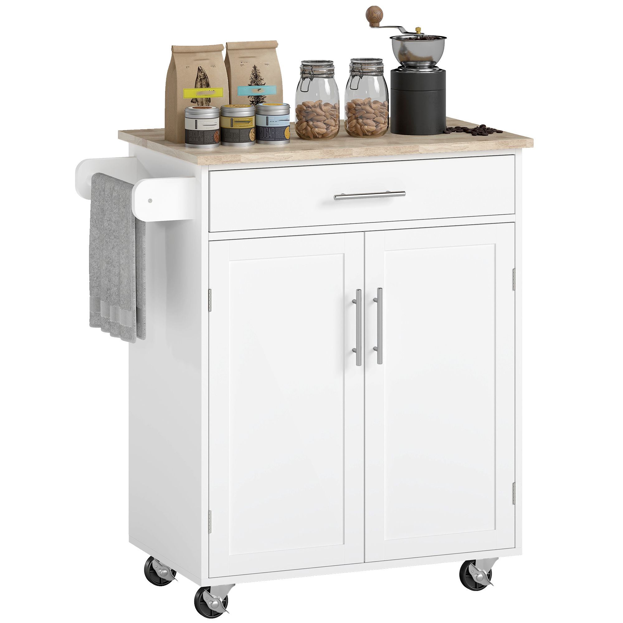Kitchen Island Cart, Rolling Island Table with Solid Wood Top, Trolley Cart with Drawer, Storage Cabinet & Towel Rack, Gray (Drop Shipping Only, Not for Amazon)