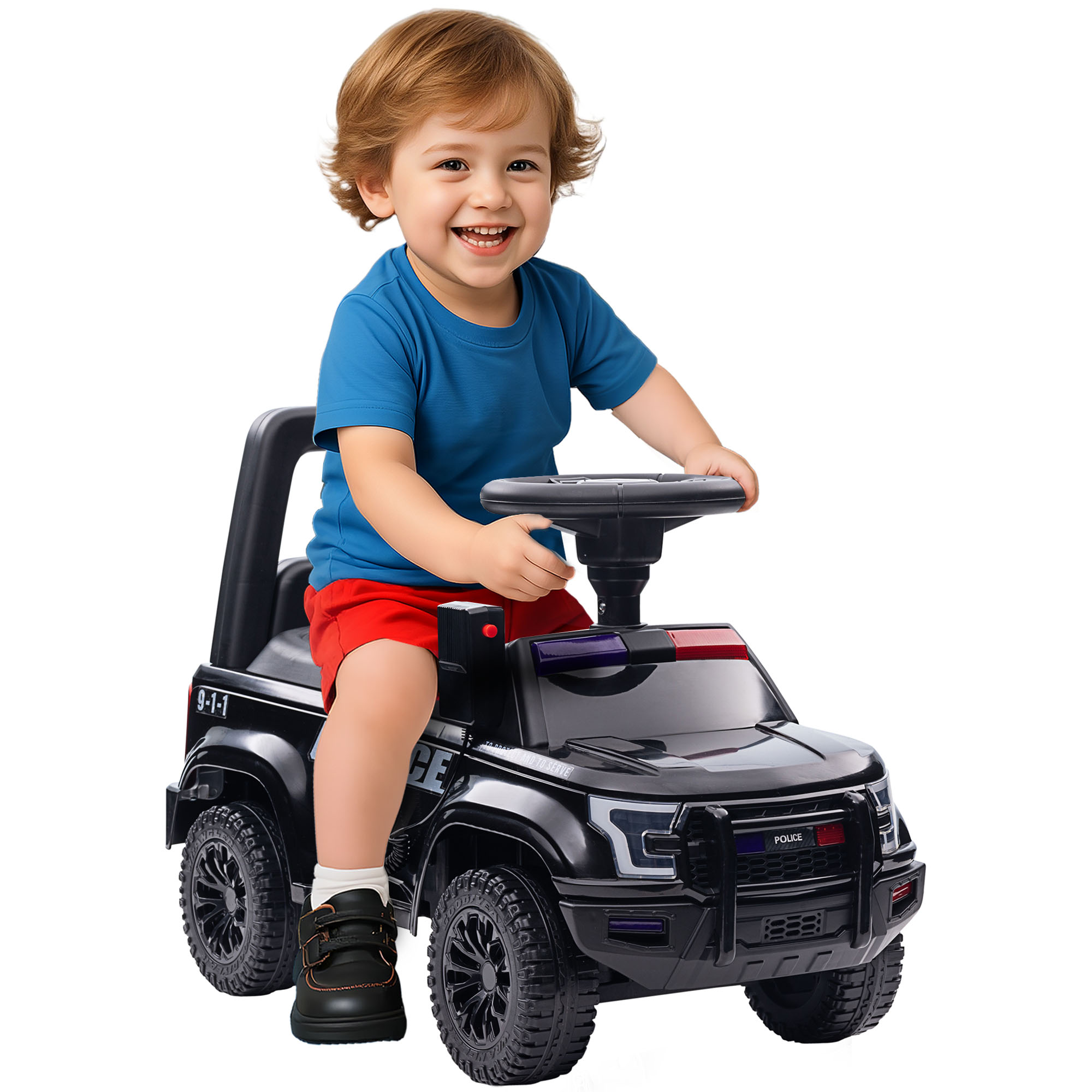 Kids Push Ride On Car with Working PA System and Horn, Police Truck Style Foot-to-Floor Sliding Car for Boys and Girls with Under-Seat Storage, for 18 Months to 5 Years Old, Black (Drop Shipping Only, Not for Amazon)