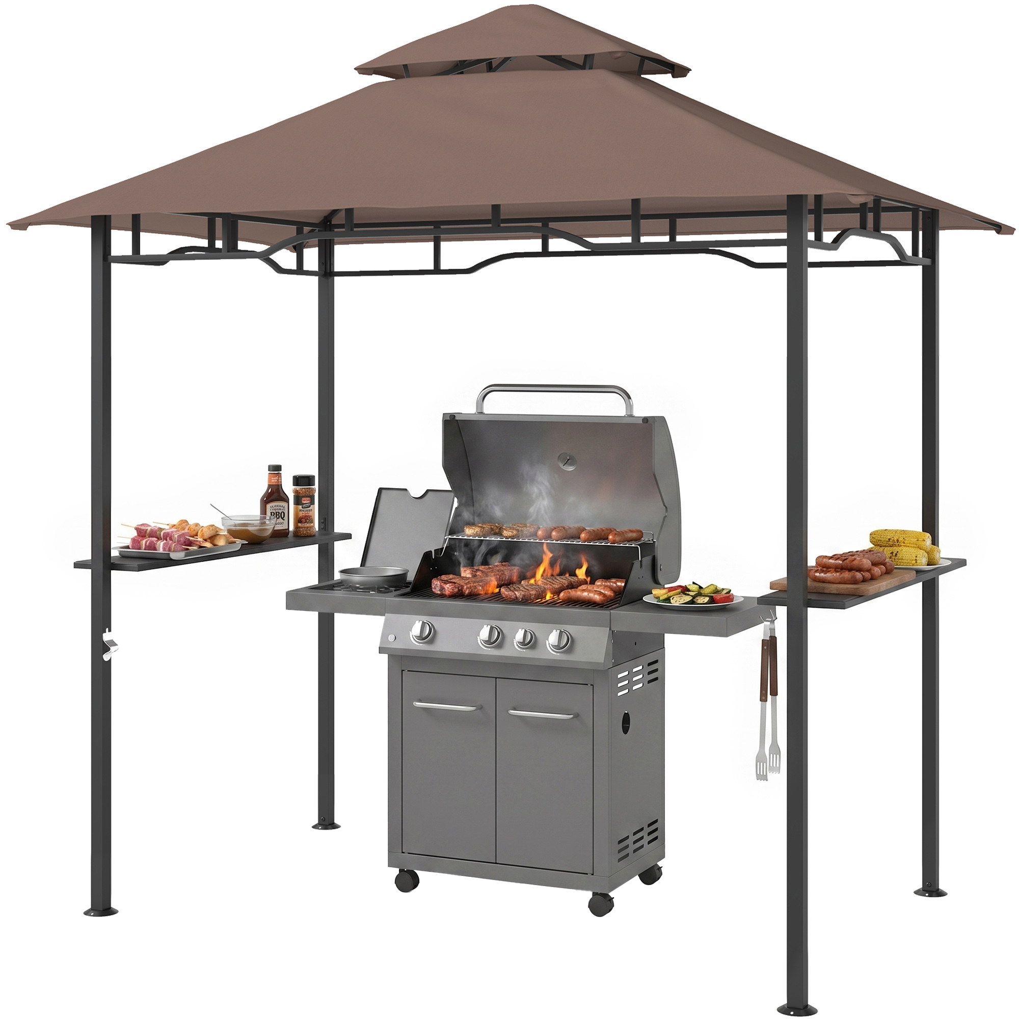 8' x 5' Grill Gazebo with Double Roof, Outdoor BBQ Canopy Gazebo with 2 Side Shelves for Patio Yard Garden Coffee (Drop Shipping Only, Not for Amazon)