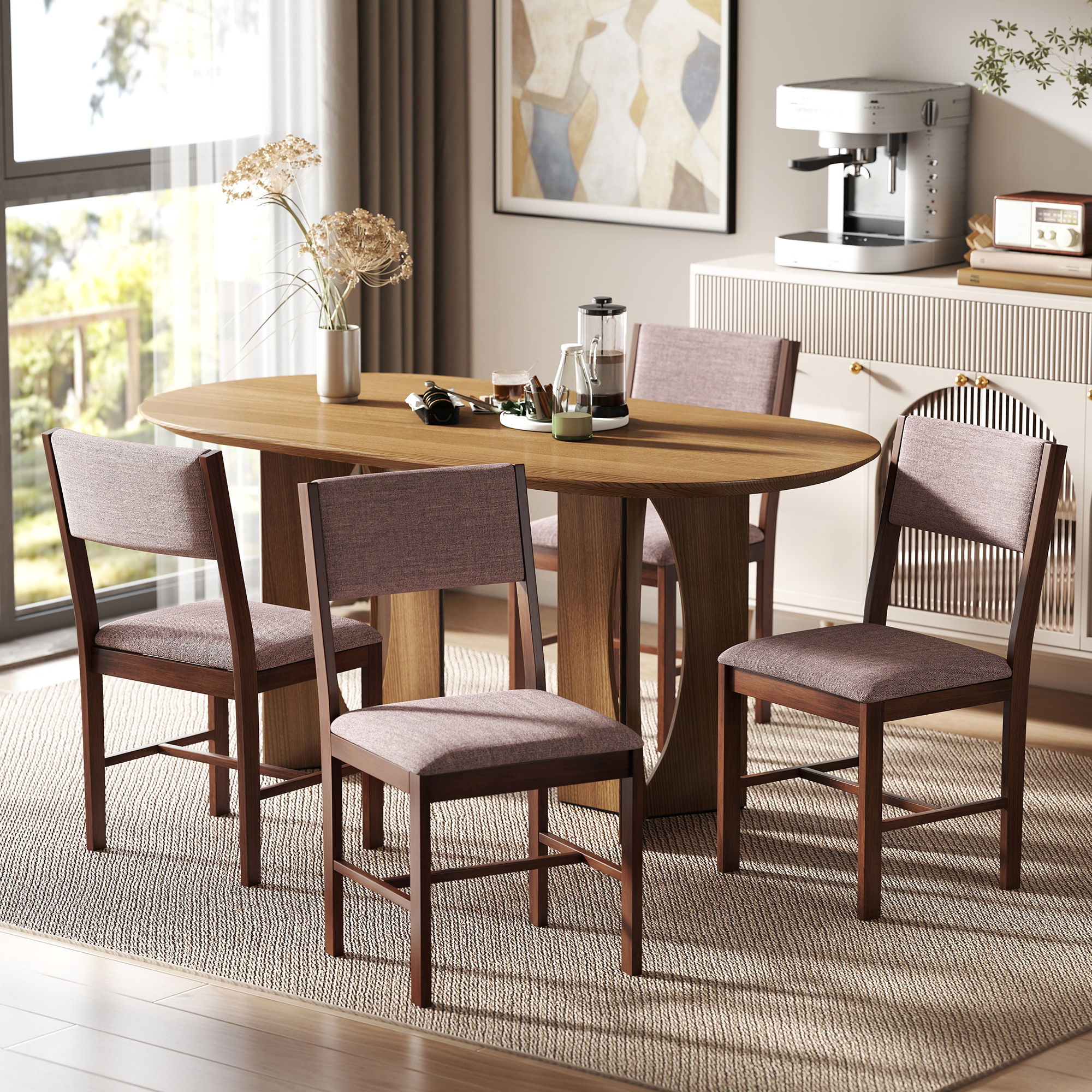 Modern Dining Chairs Set of 4, Linen Fabric Kitchen Chairs with Rubberwood Legs for Dining Room, Living Room, Brown (Drop Shipping Only, Not for Amazon)