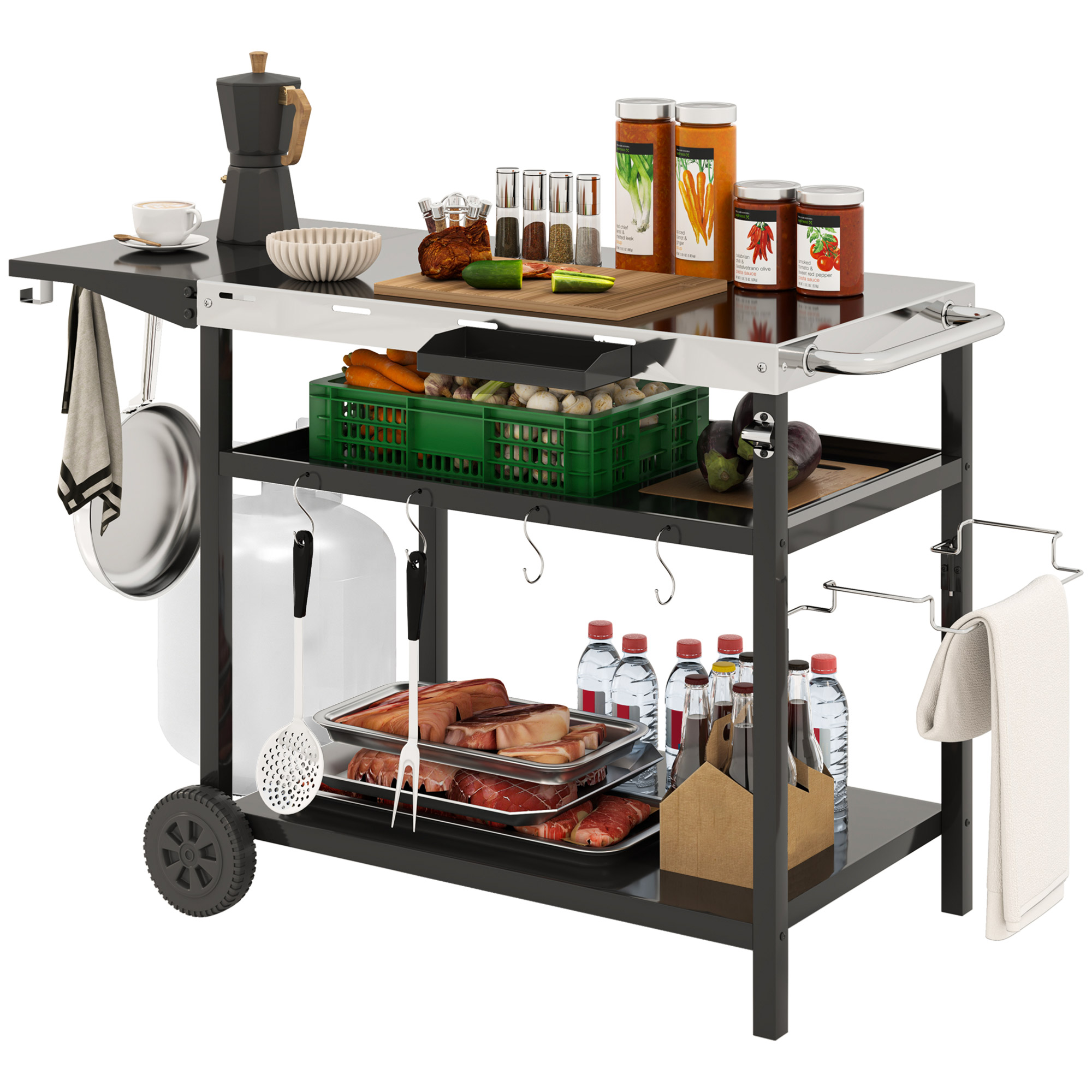 Outdoor Bar Cart Grill Table with Stainless Steel Tabletop, Wheeled Outdoor Serving Cart Prep Table with Storage, Hooks (Drop Shipping Only, Not for Amazon)