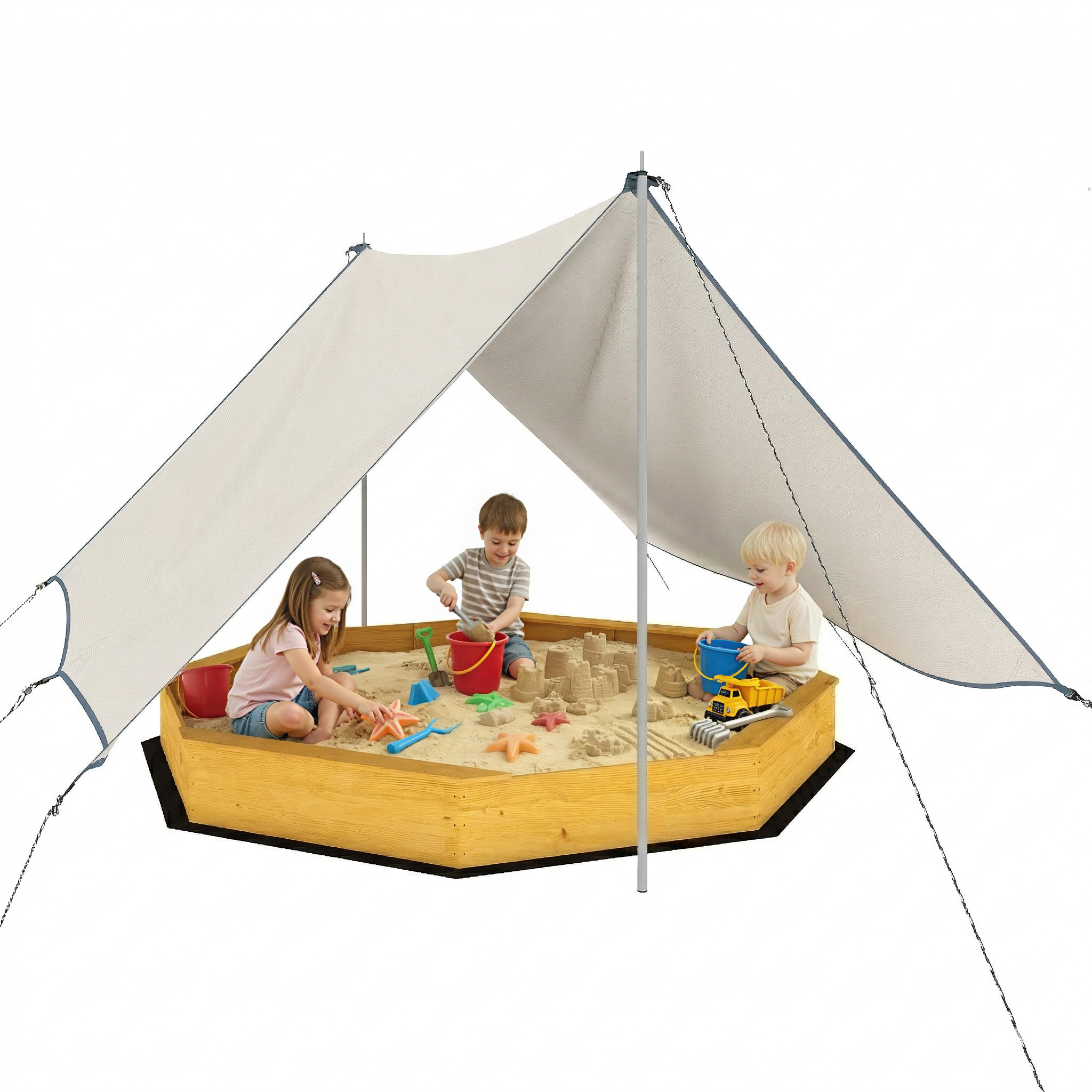 Wooden Sandbox with Large Canopy, Outdoor Sand Box with 4 Bench Seats, Bottom Liner for 8 Kids Aged 3-8, Yellow (Drop Shipping Only, Not for Amazon)