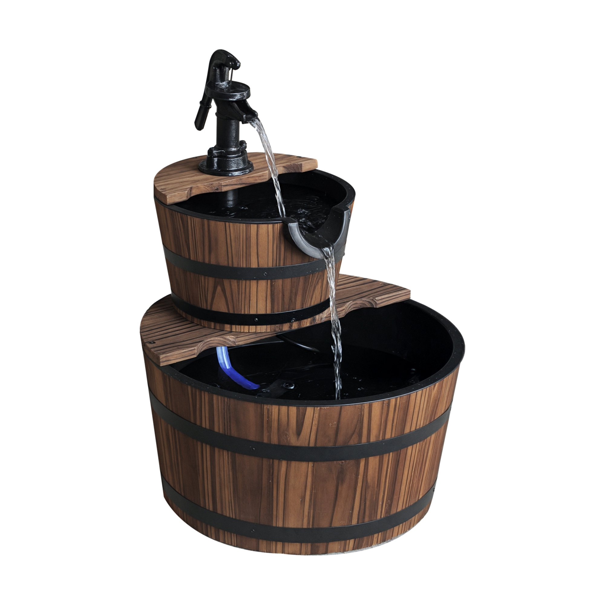 Wood Freestanding Fountain with 2 Tier Waterfall Barrel, Electric Pump for Garden Decor, Lawn, Backyard (Drop Shipping Only, Not for Amazon)