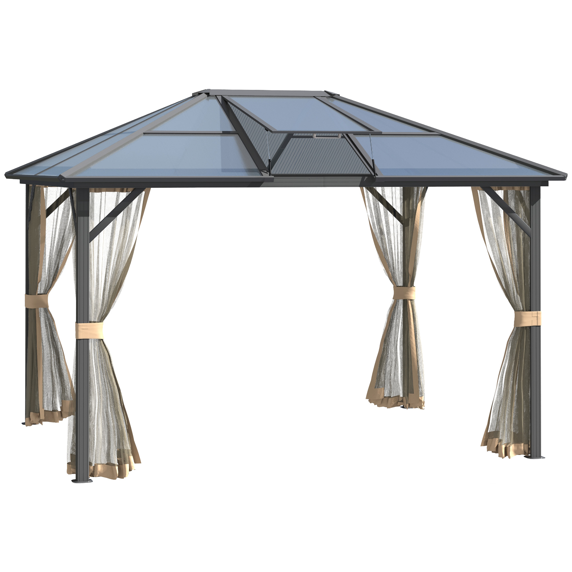 10' x 12' Hardtop Gazebo Canopy with Polycarbonate Roof, Aluminum Frame, Permanent Pavilion Outdoor Gazebo with Netting, for Patio, Garden, Backyard, Deck, Lawn, Gray, Brown (Drop Shipping Only, Not for Amazon)