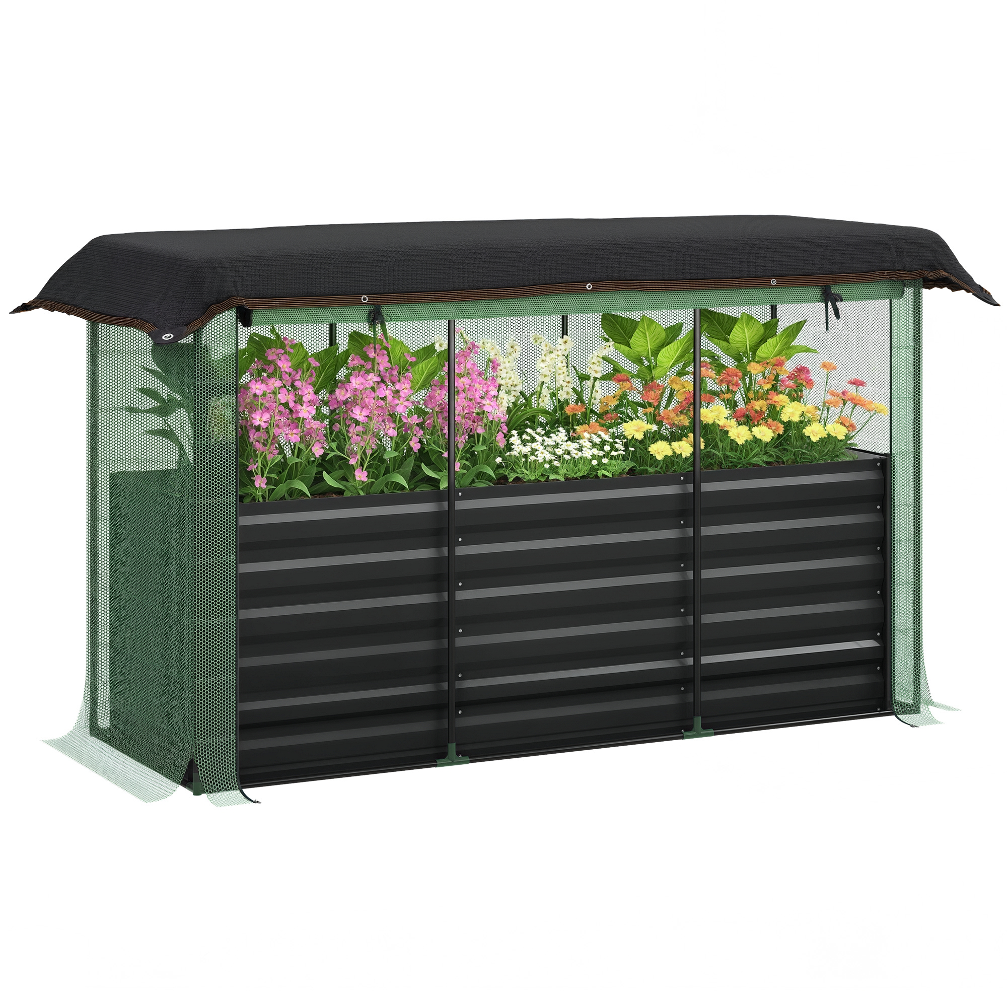 Galvanized Steel Planter Box with Crop Cage and Shade Cloth, Raised Garden Bed for Flowers, Veggies and Herbs, Beige (Drop Shipping Only, Not for Amazon)