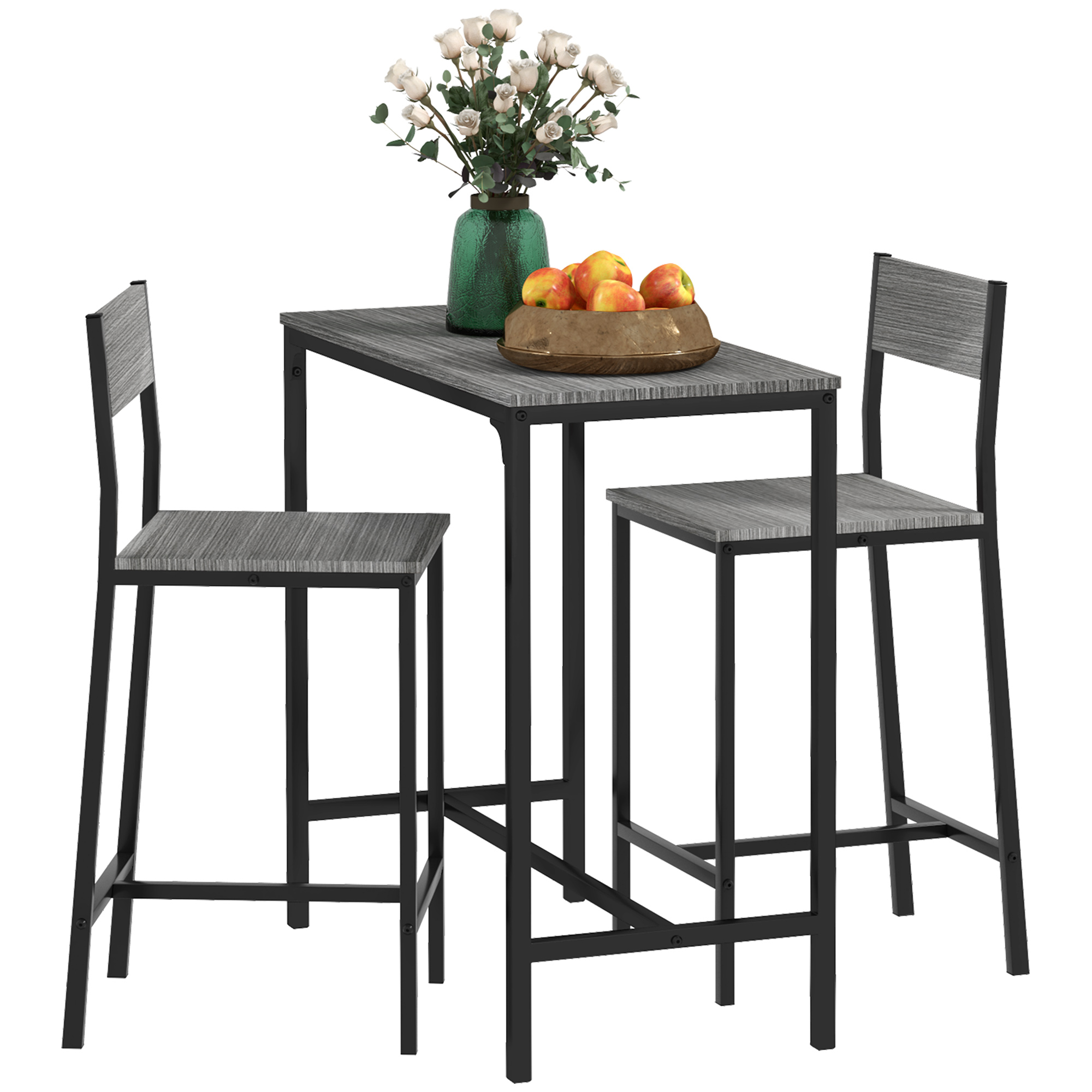 3 Piece Bar Table and Chairs, Industrial Dining Table Set for 2, Counter Height Kitchen Table with Bar stools, Breakfast Table Set for 2 for Small Space, Gray (Drop Shipping Only, Not for Amazon)