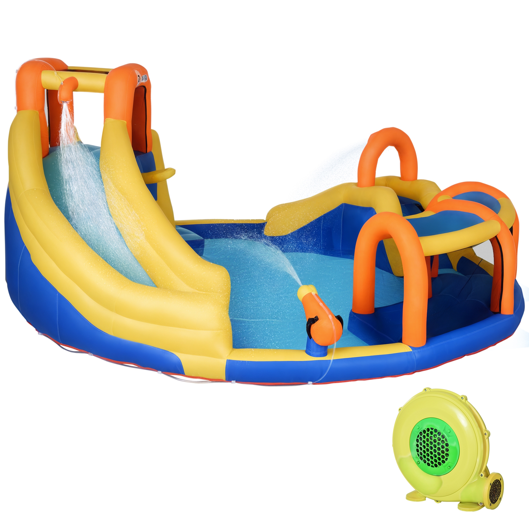 6-in-1 Inflatable Water Slide Kids Bounce House Jumping Castle Includes Slide Basket Pool Water Gun Climbing Wall Tunnel with Carry Bag, Repair Patches and 750W Air Blower (Drop Shipping Only, Not for Amazon)