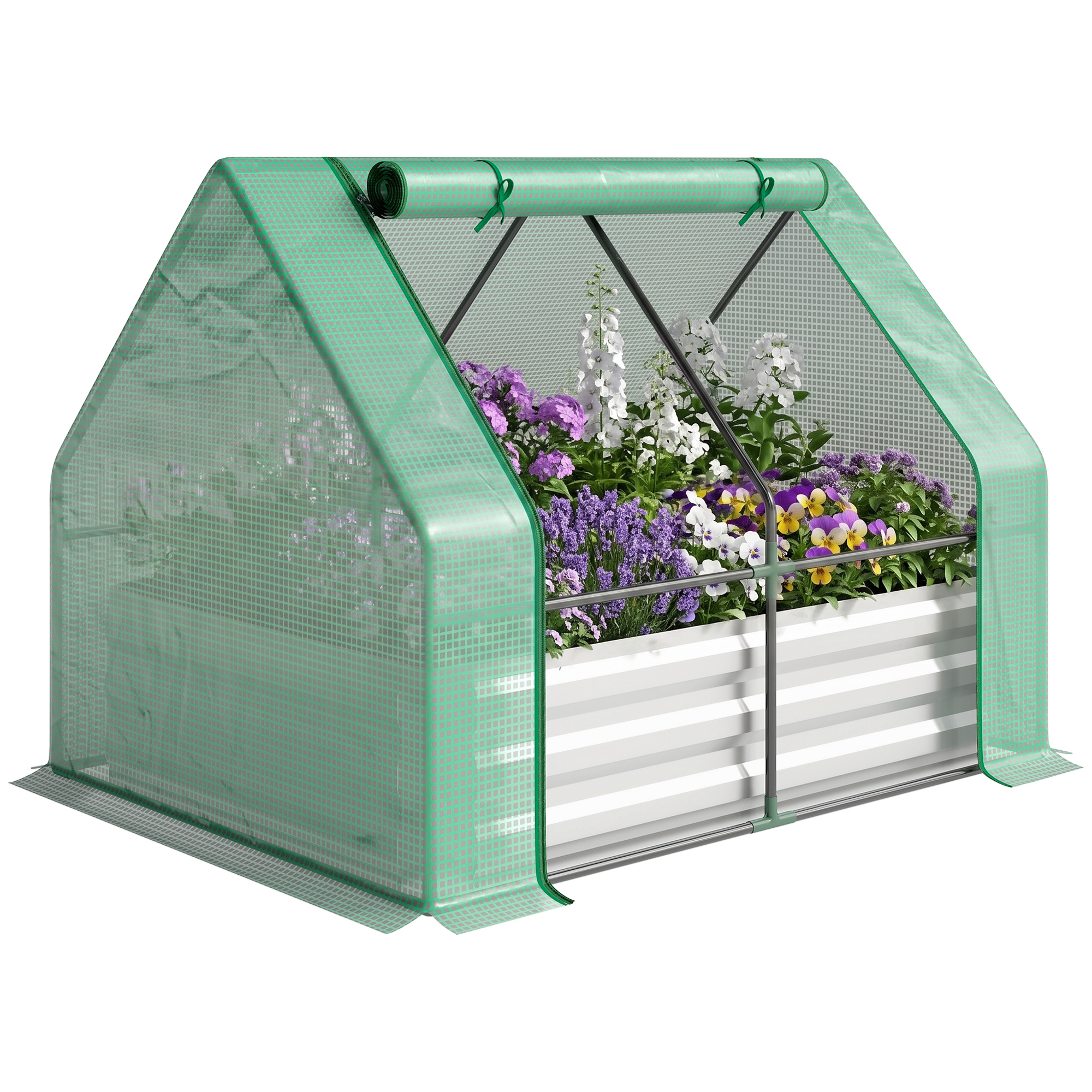 4 x 3ft Metal Planter Box with Mini Greenhouse, Galvanized Raised Garden Bed with Cover for Herbs and Vegetables, Small Greenhouse for Patio Garden Balcony, Green and Gray (Drop Shipping Only, Not for Amazon)