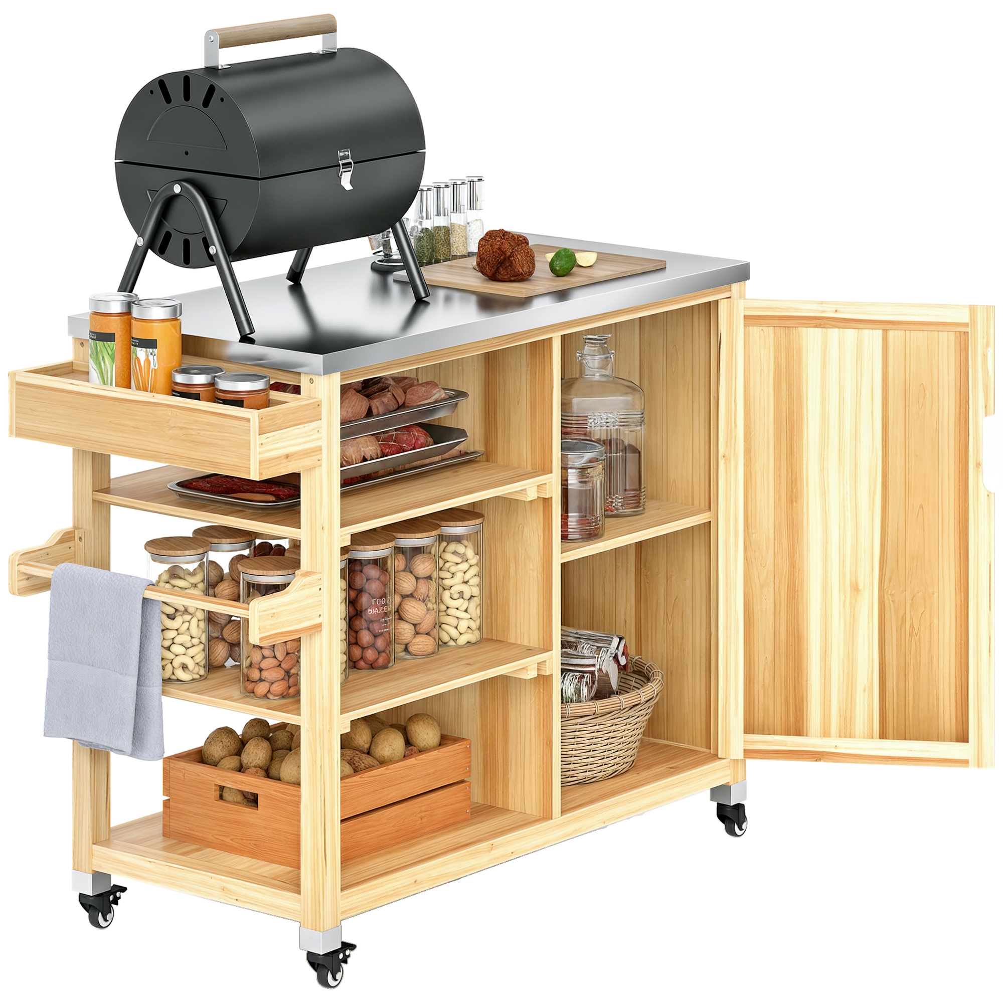 Outdoor Grill Cart with Stainless Steel Top, Solid Wood Outdoor Kitchen Island with Wheels, Natural Wood (Drop Shipping Only, Not for Amazon)