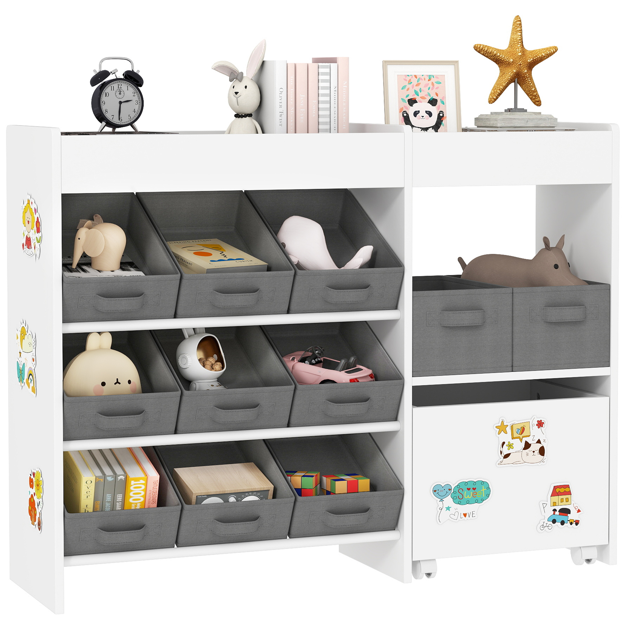 Kids Toy Storage Unit with 11 Bins, Cabinet, Top Shelves, 3 Stickers, for Nursery, Playroom, White (Drop Shipping Only, Not for Amazon)