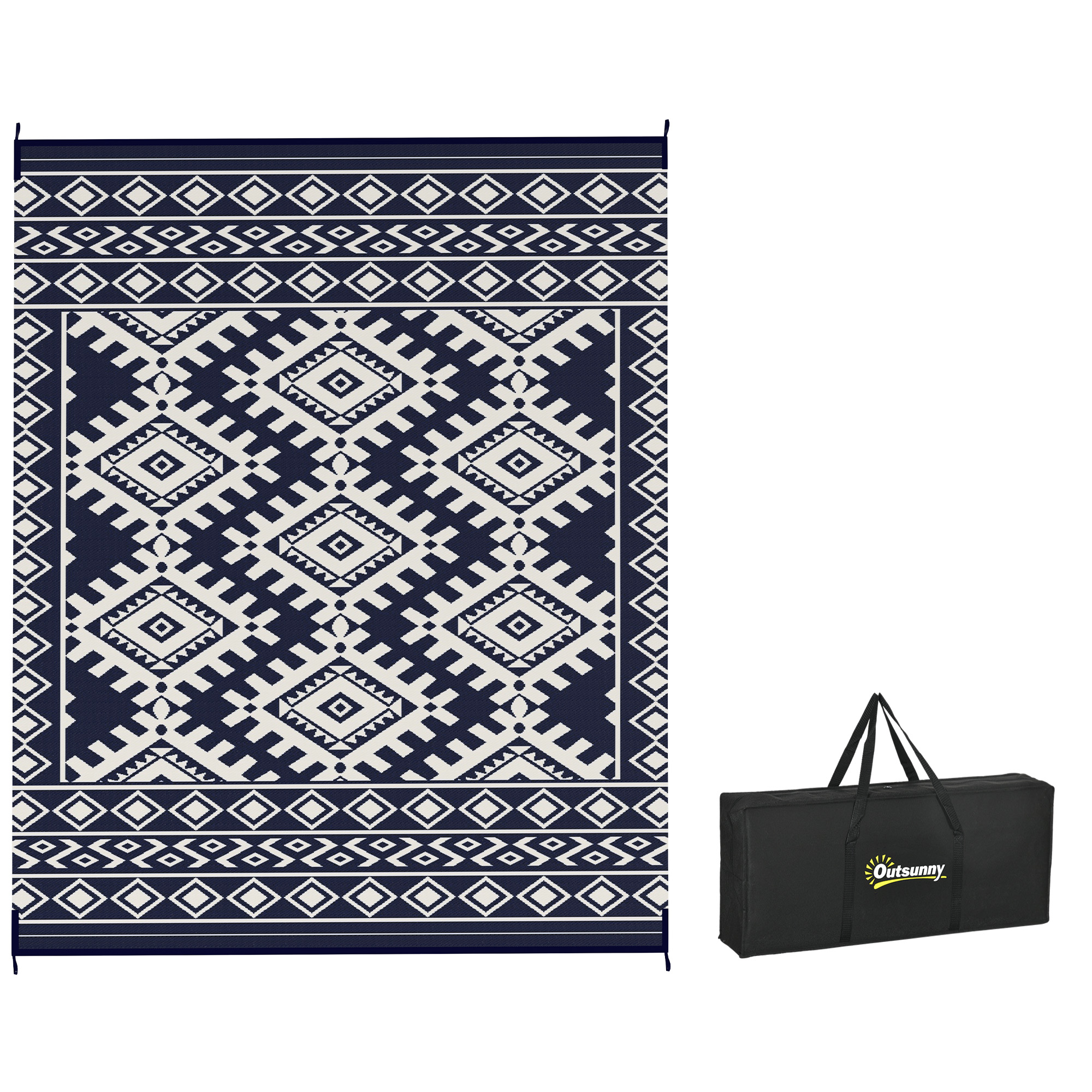 Reversible Outdoor Rug, Waterproof Plastic Straw with Carry Bag, 8' x 10', Blue & White Rhombus Border (Drop Shipping Only, Not for Amazon)