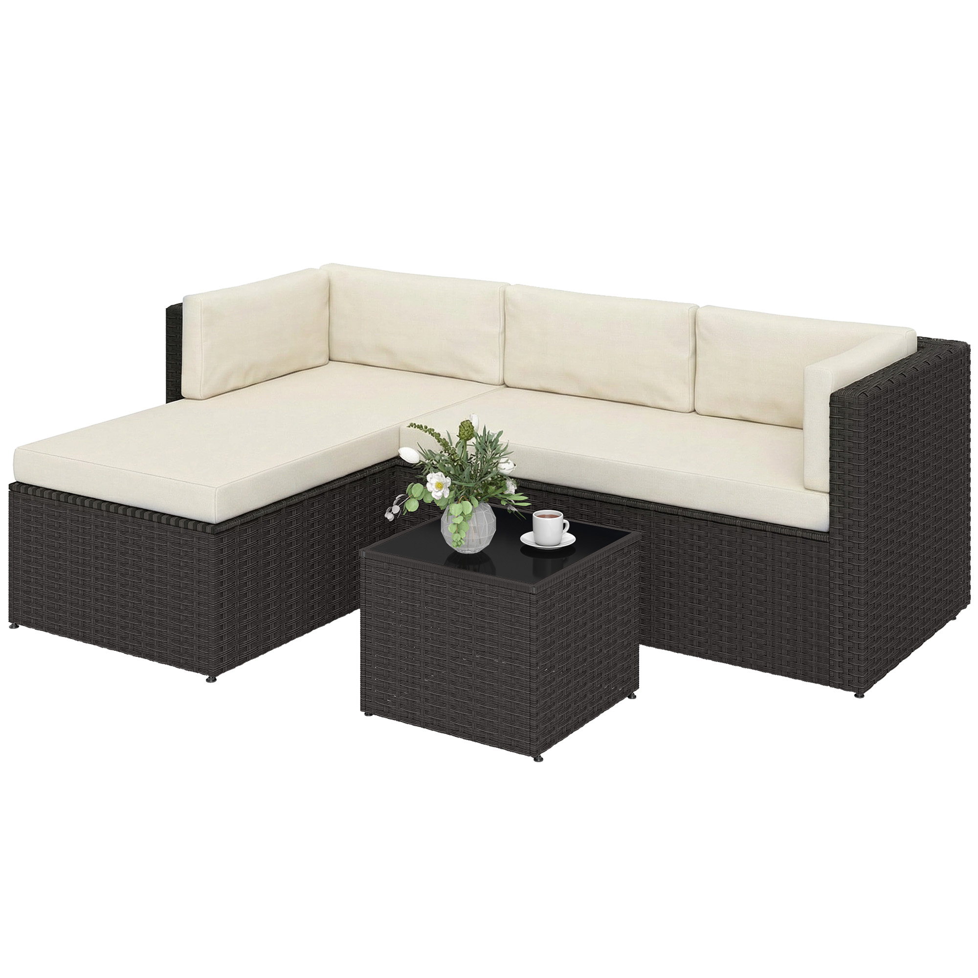 3 Piece Patio Furniture Set, Wicker Outdoor Patio Conversation Furniture Set with Cushions, Glass Top Table, Beige (Drop Shipping Only, Not for Amazon)
