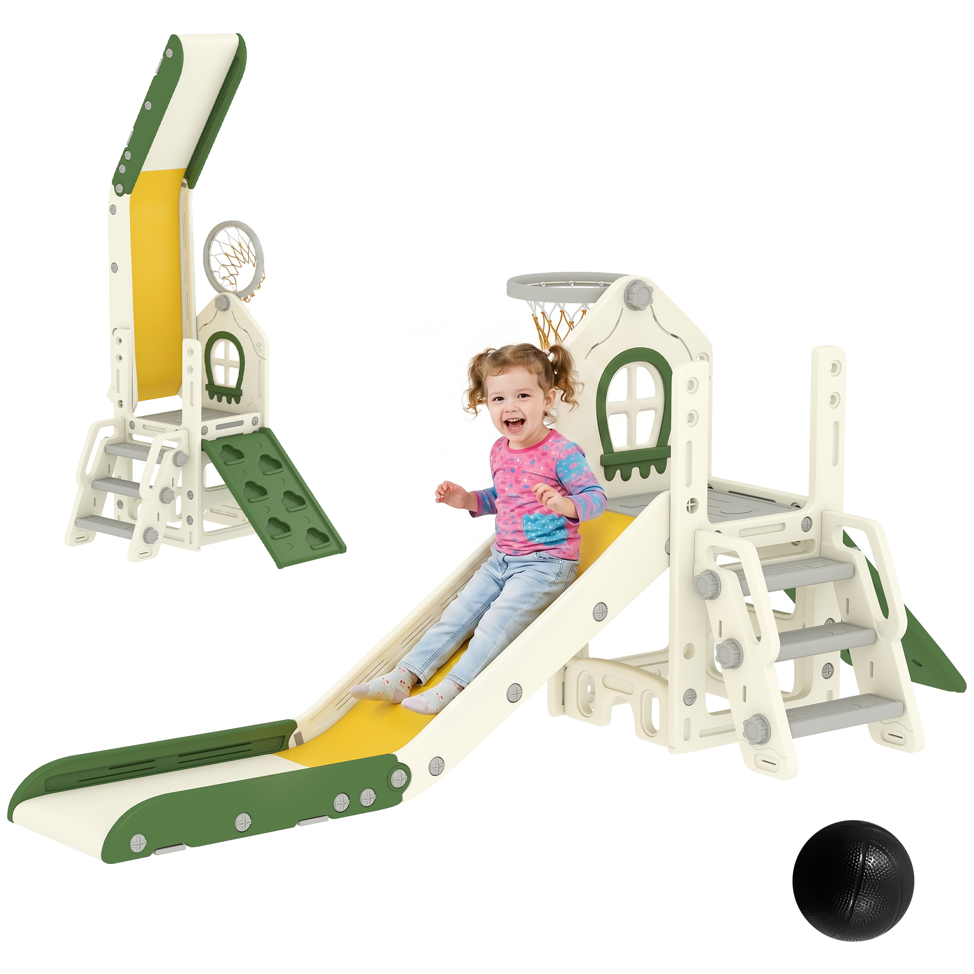 Foldable 5 in 1 Toddler Slide with Ladder, Climbing Wall, Basketball Hoop, Storage and Basketball for 1-3 Years, Cream (Drop Shipping Only, Not for Amazon)