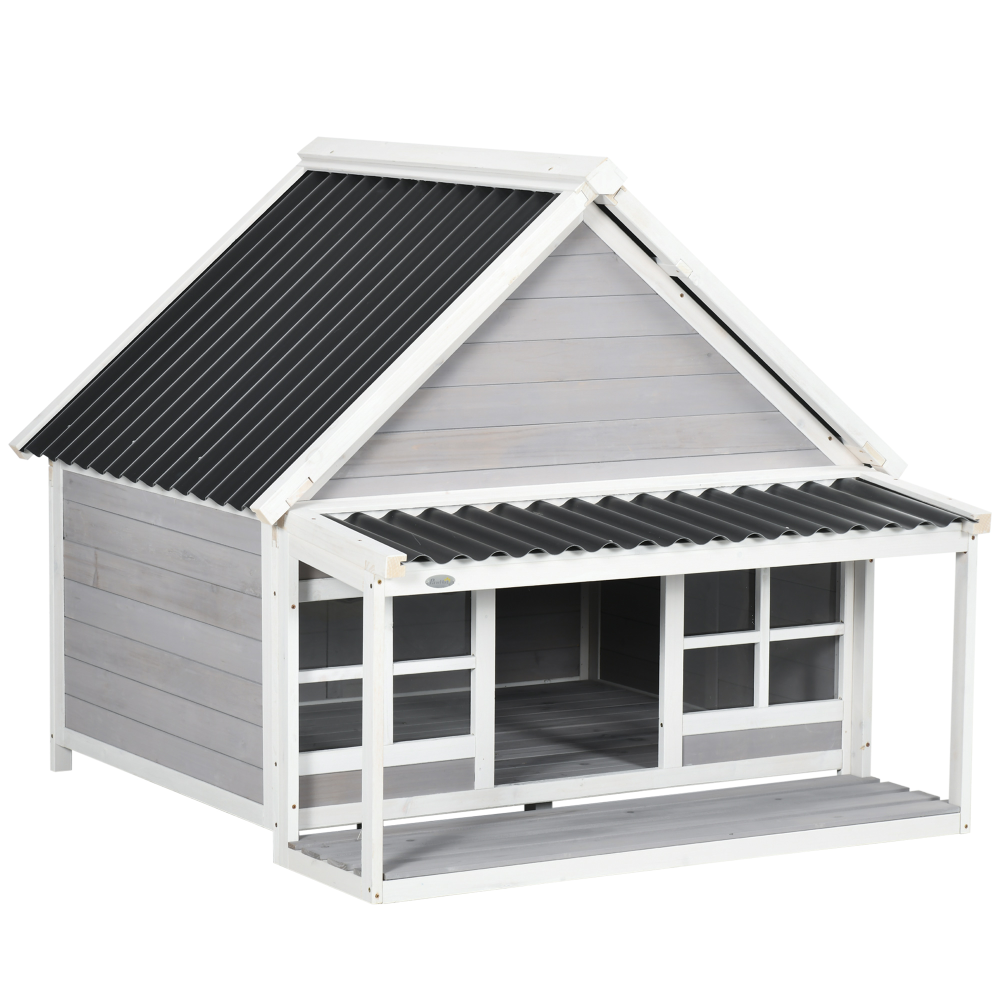 Wooden Dog House with Porch, Dog House Outdoor with Tilt Roof, Front Door, Windows for Medium Large Sized Dog (Drop Shipping Only, Not for Amazon)