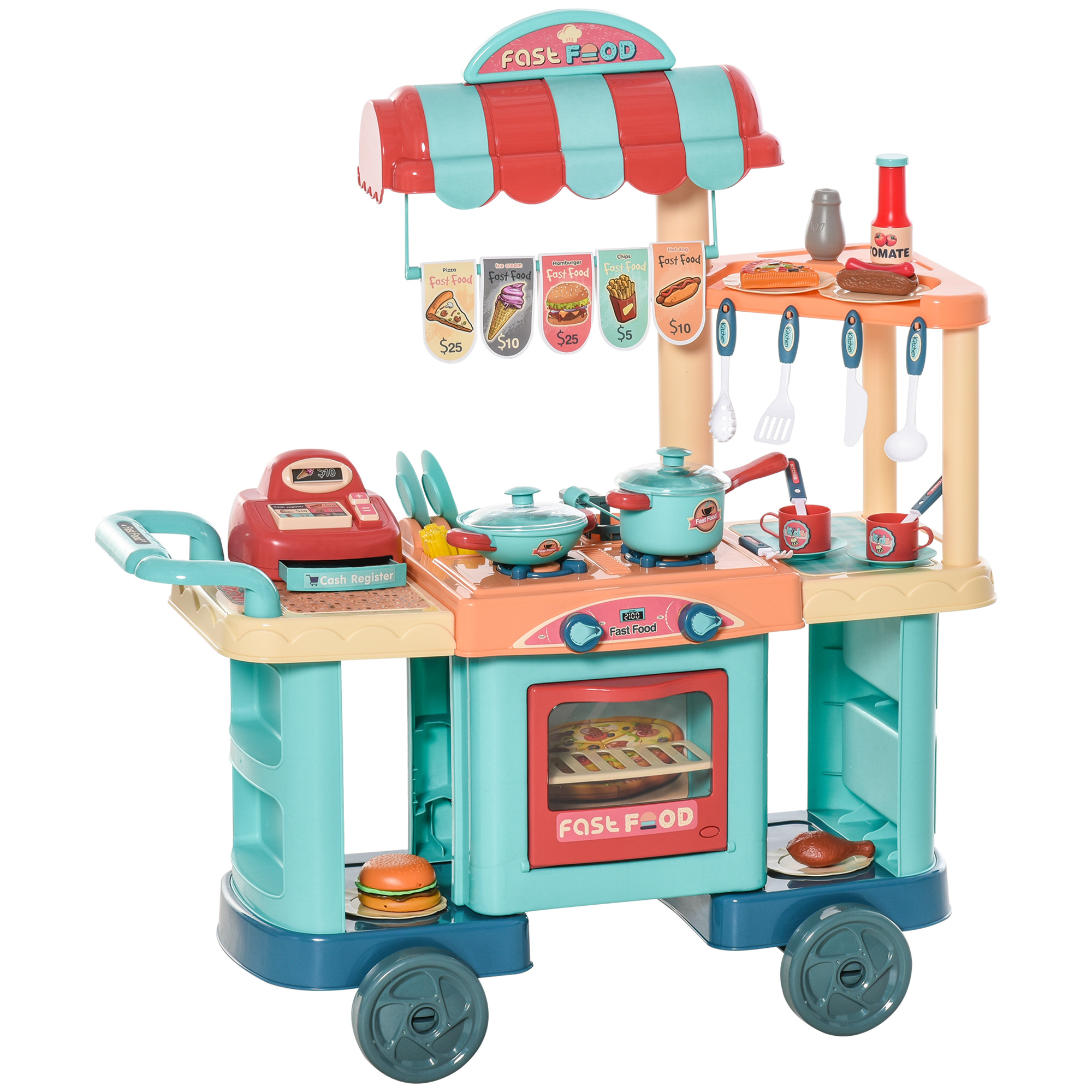 Qaba Kids Kitchen Food Stand with Play Food, Cashier Register, Accessories Ages 3-6 (Drop Shipping Only, Not for Amazon)