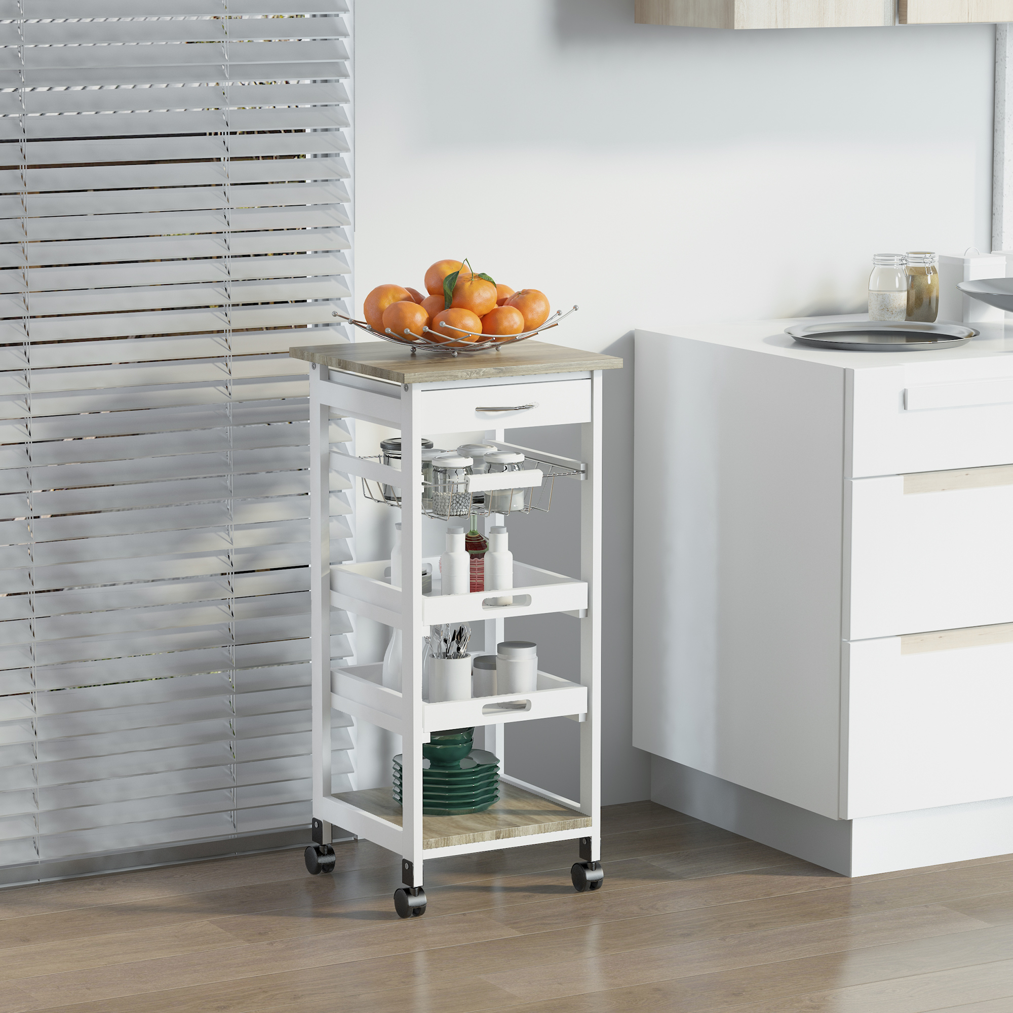 Mobile Kitchen Cart, Rolling Kitchen Island with Storage, Utility Cart with Wire Fruit Baskets, Trays and Drawer, White (Drop Shipping Only, Not for Amazon)