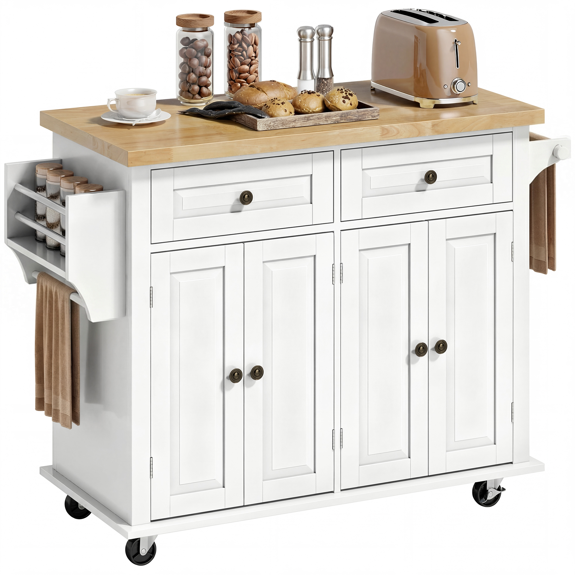 Rolling Kitchen Island Storage Trolley with Rubber Wood Top & Drawers for Dining Room, Grey (Drop Shipping Only, Not for Amazon)
