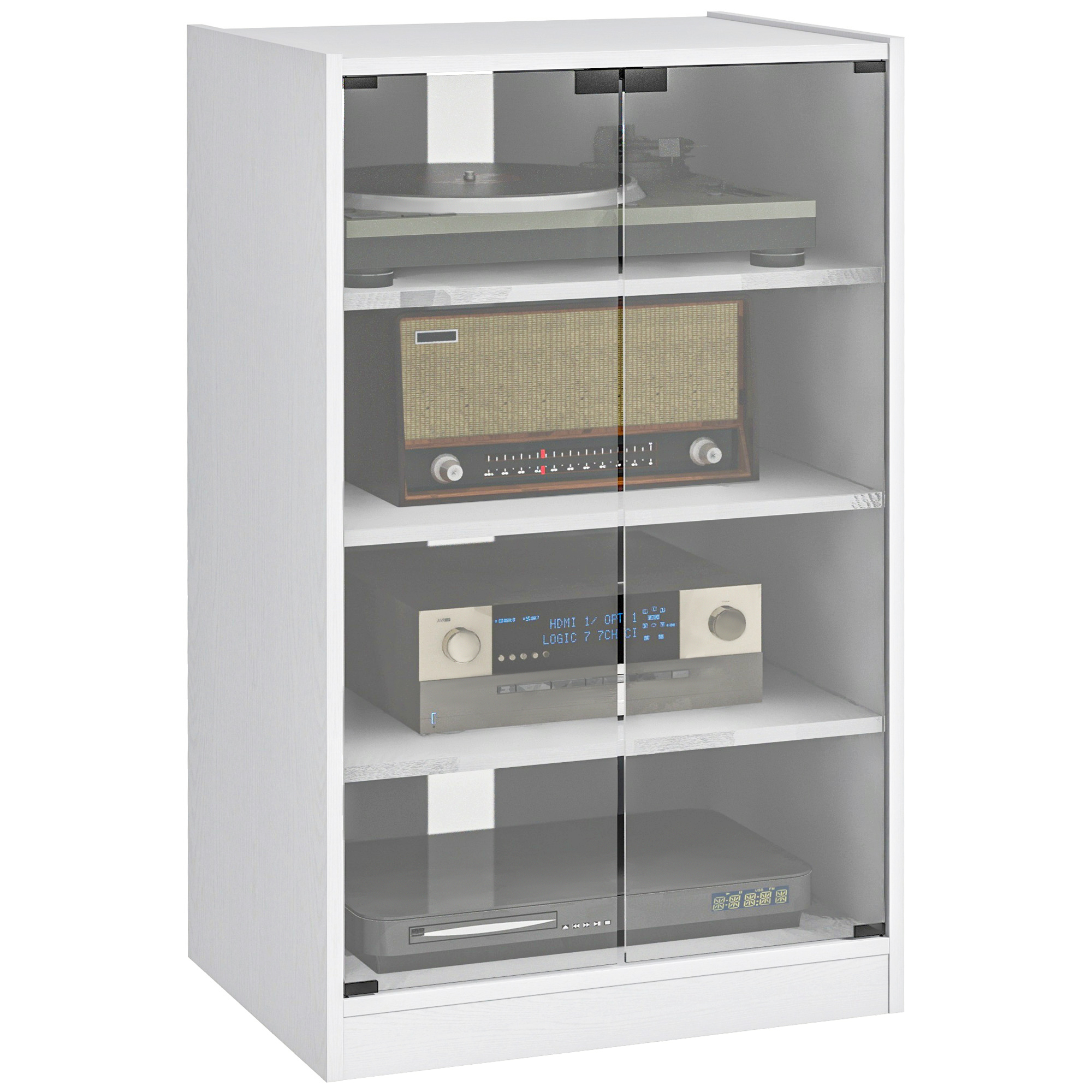 4-Tier Hi-Fi Stand, Record P Stand with Adjustable Shelves and Push-to-Open Glass Doors, Black Wood-Effect (Drop Shipping Only, Not for Amazon)