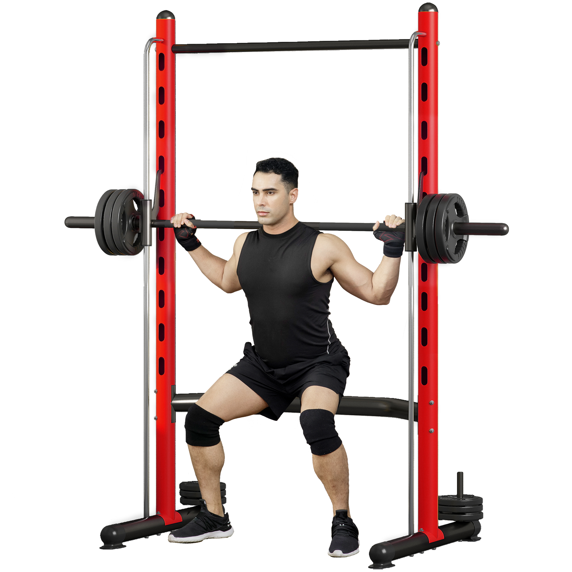 Soozier Squat Rack with Pull Up Bar and Barbell Bar Adjustable Bench Press Multi-Function Weight Lifting Half Rack Red (Drop Shipping Only, Not for Amazon)