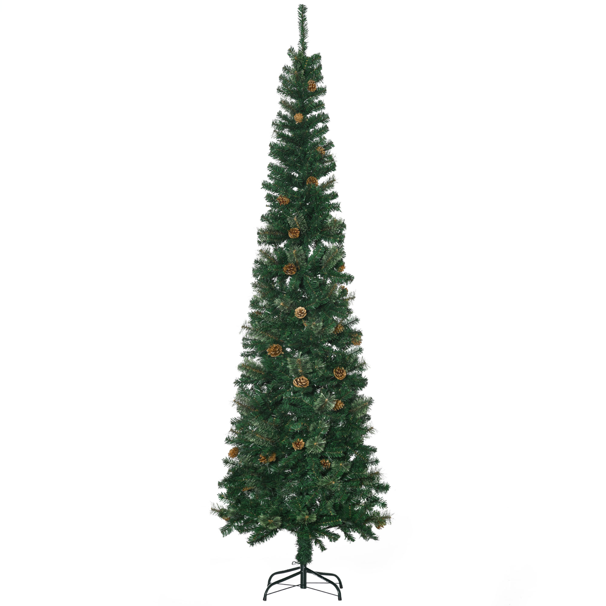 7.5 Foot Pencil Artificial Christmas Tree, Slim Pine Needles Xmas Tree with Realistic Branches, Pine Cones, Metal Base, Green (Drop Shipping Only, Not for Amazon)
