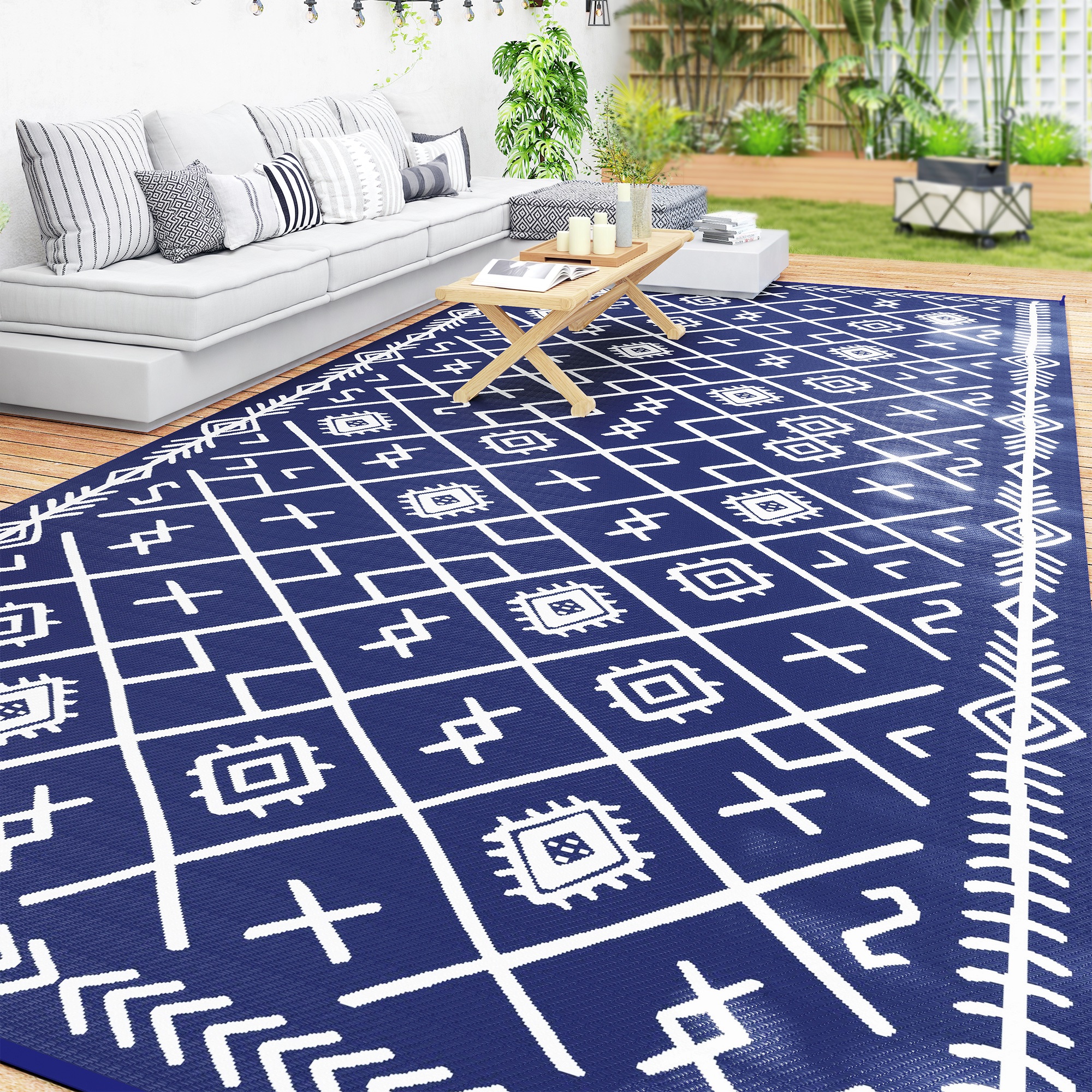 Reversible Outdoor Rug, Waterproof Plastic Straw with Carry Bag, 9' x 18', Blue & White Rhombus (Drop Shipping Only, Not for Amazon)