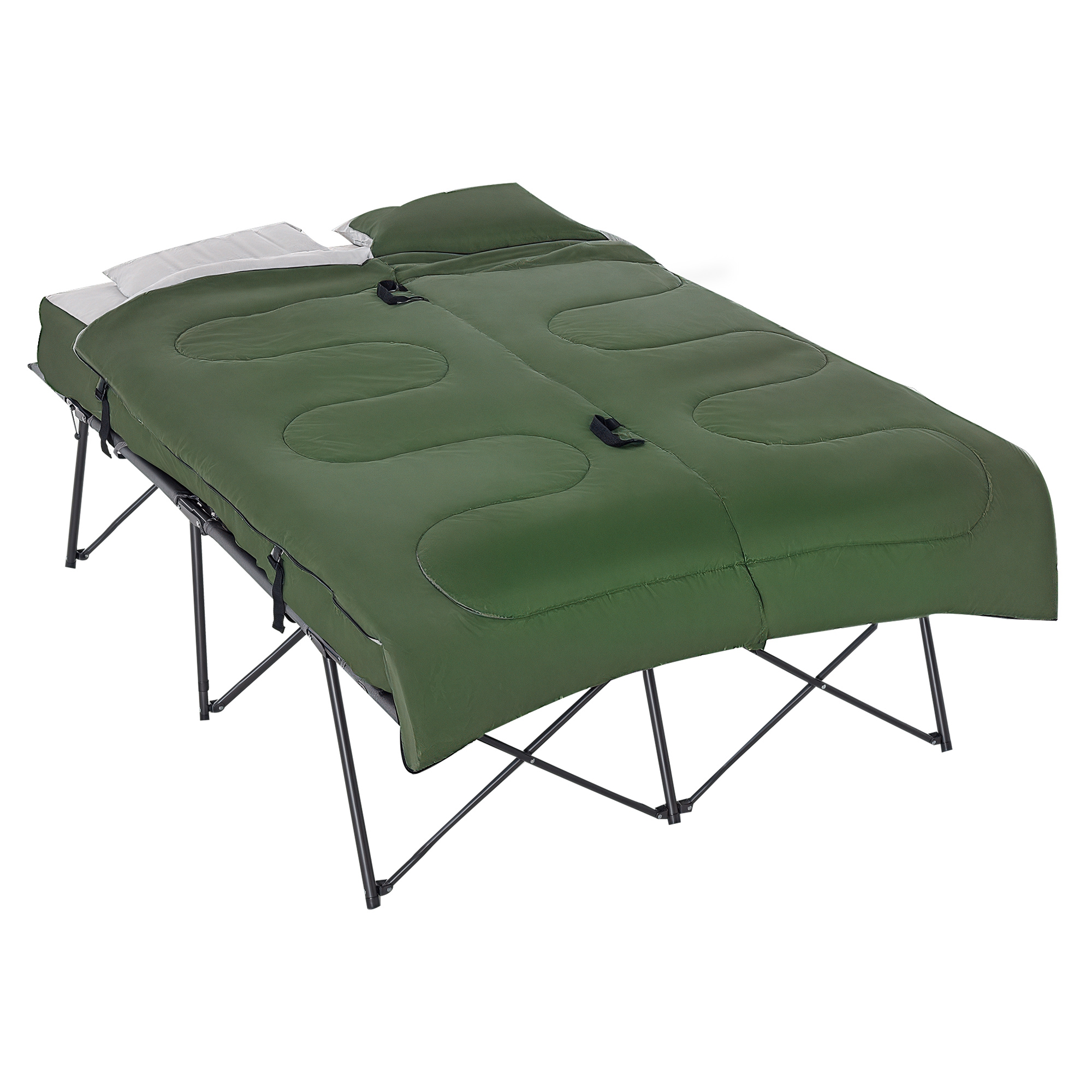 2-Person Folding Camping Cot Portable Outdoor Bed Set with Sleeping Bag, Inflatable Air Mattress, Comfort Pillows and Carry Bag, Soft and Comfortable for Outdoor Travel Camp Beach Vacation (Drop Shipping Only, Not for Amazon)